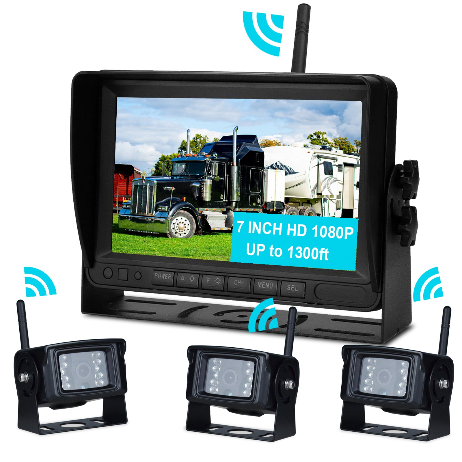 7″ Display Wireless AHD 1080P 3CH Rear View Backup Camera Kit for Truck Trailer