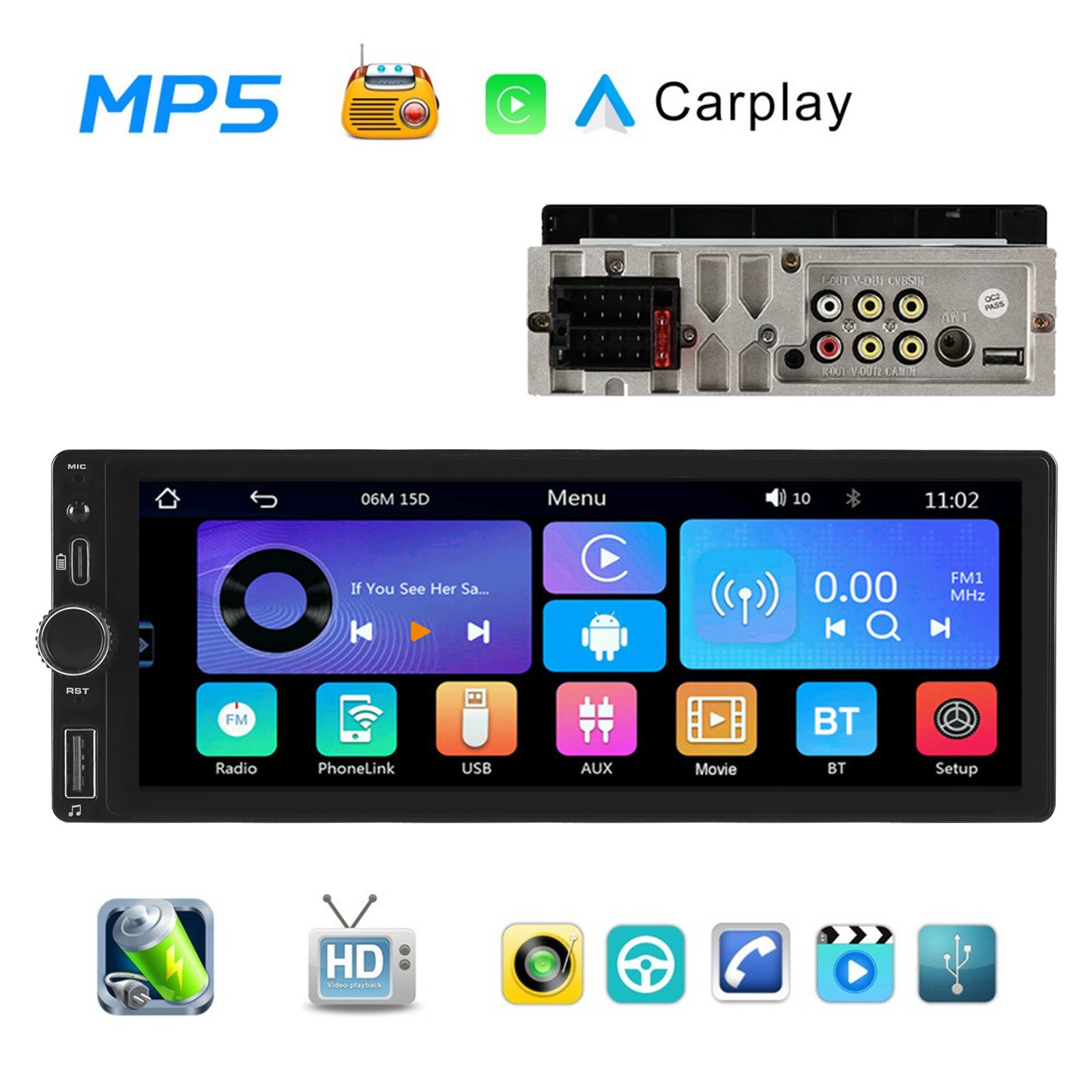 Wireless CarPlay Android Auto 6.86″ IPS Single DIN Car Stereo Radio Head Unit BT