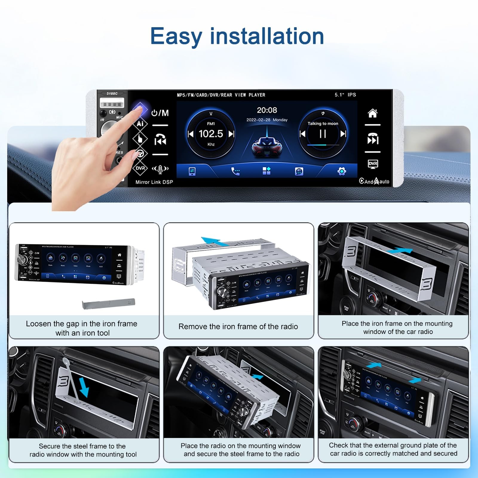 Estereo Radio Bluetooth de un solo DIN Pantalla Tactil Apple Carplay Para Coche