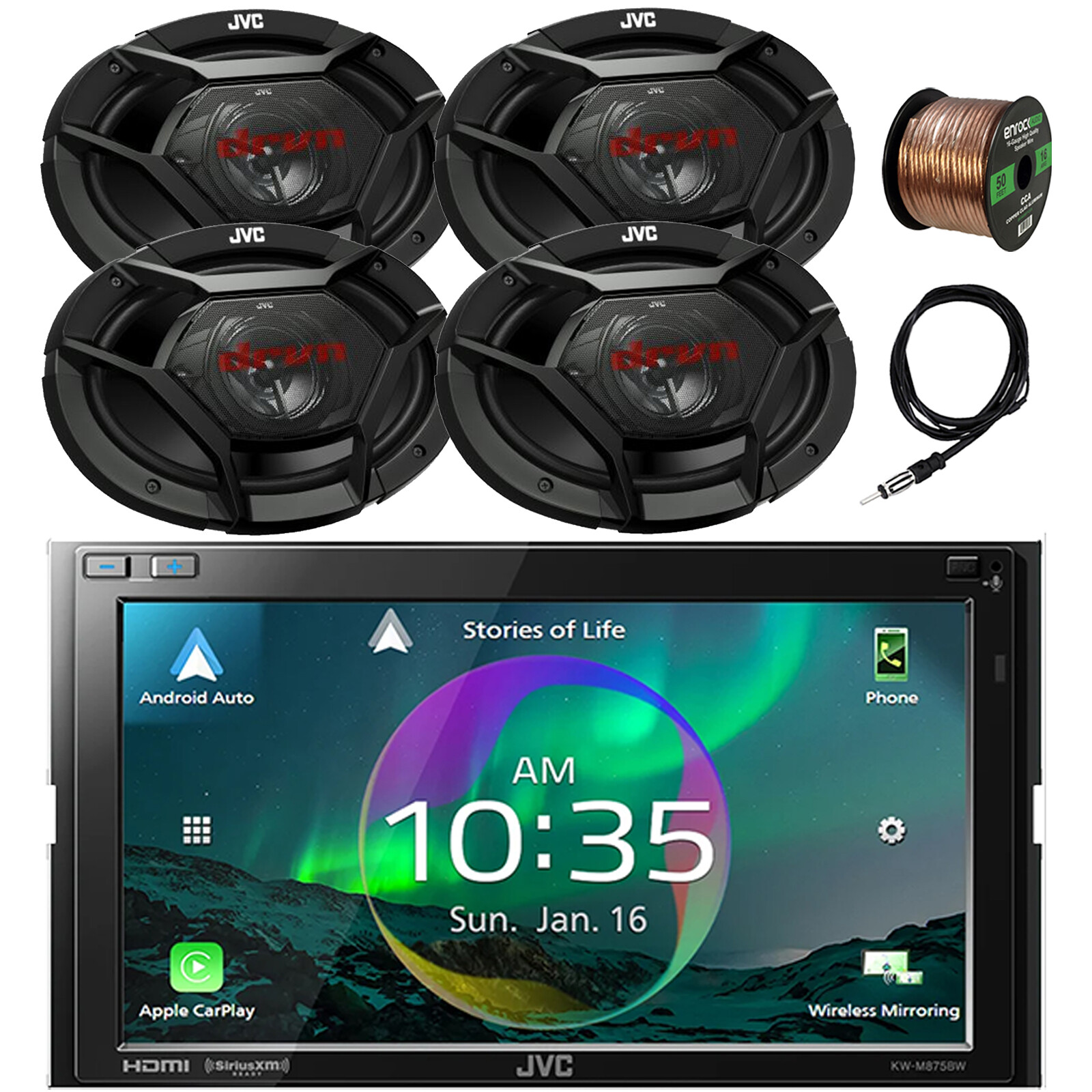 JVC 2DIN 6.8″ Touchscreen HDMI/WiFi Car Radio, 4x 6×9″ Speakers, Antenna, Wire