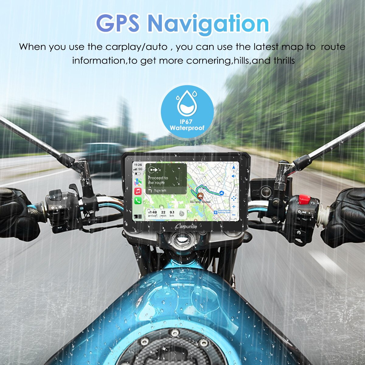 Carpuride 7Inch Motorcycle Stereo Bluetooth Wireless Apple CarPlay Android Auto