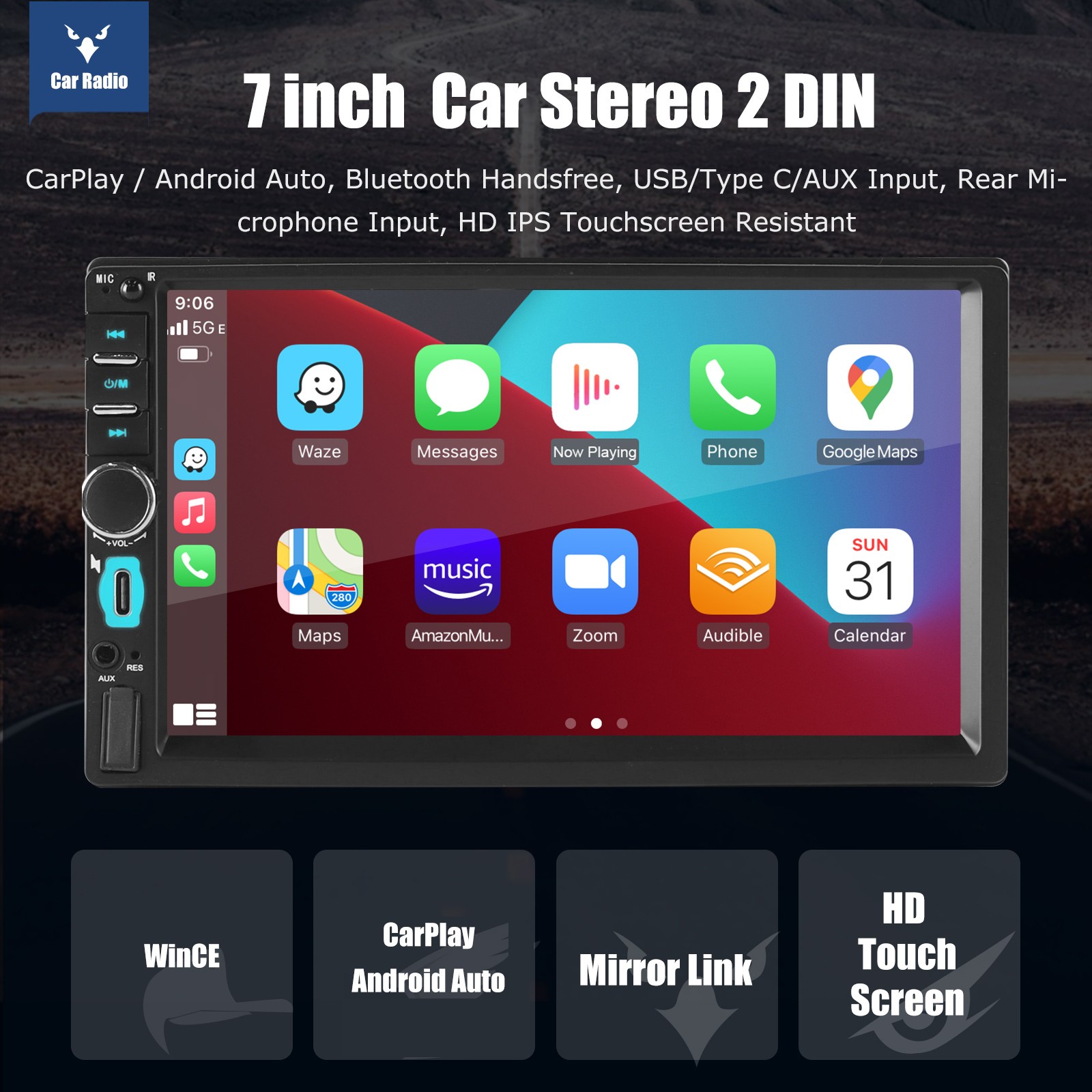 7″ Double DIN Car Radio Touch Screen MP3/MP4/5 Apple Carplay Android Auto AUX FM