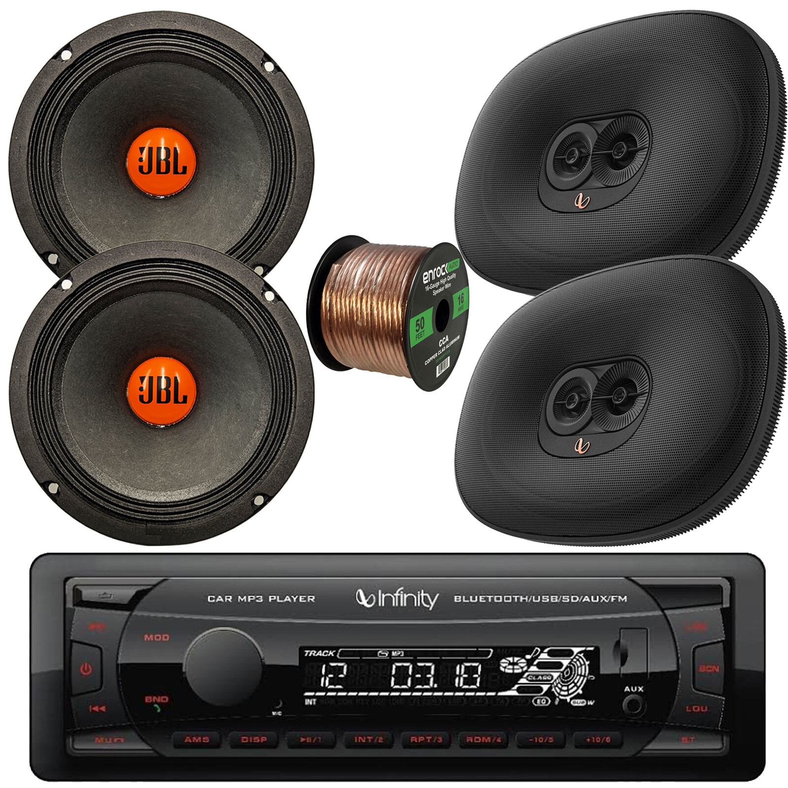 Infinity Bluetooth FM Radio Receiver, 2x 6×9″ 180W, 2x 6.5″ 300W Speakers w/Wire