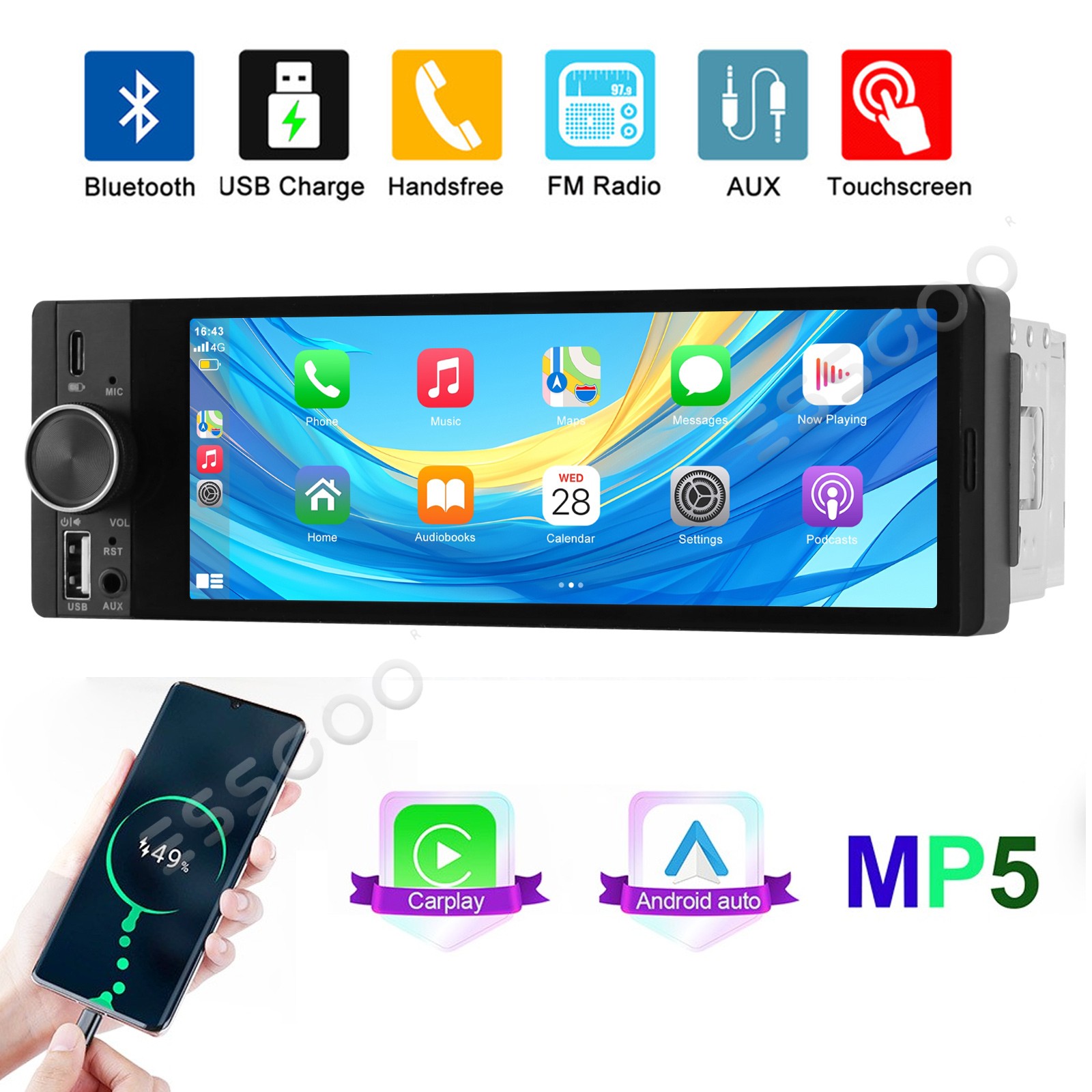 6.36 Inch Single 1 Din Car Stereo Radio Wireless CarPlay Touchscreen BT FM USB-C