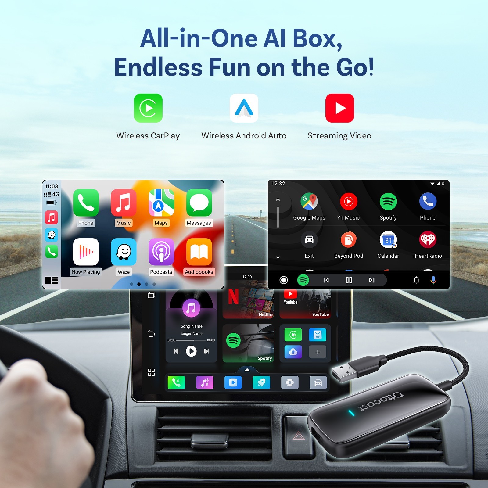 3in1 Wireless CarPlay & Android Auto Adapter Built-in YouTube Android 12 AI BOX