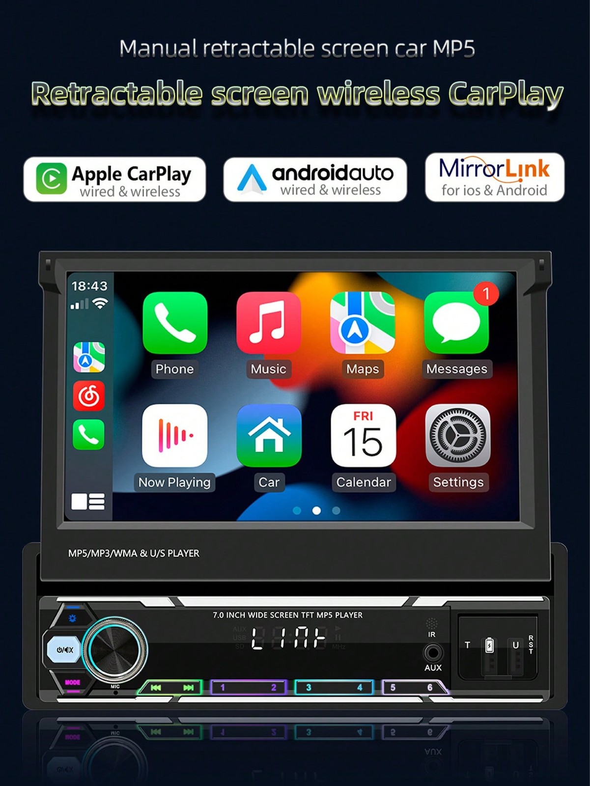 7″ HD Touch Single DIN Car MP5 Player CarPlay Android Auto FM USB AUX SD ISO