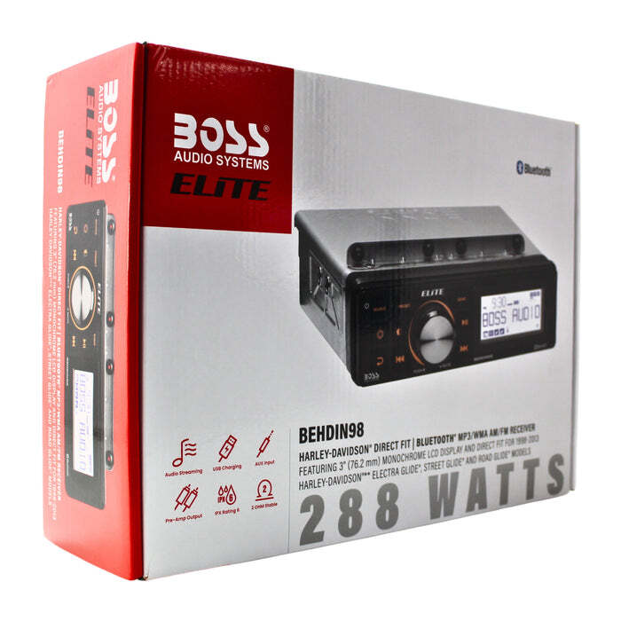 Boss Elite Direct Fit Harley 1998-2013 Bluetooth MP3 AM/FM Receiver 3″ BEHDIN98
