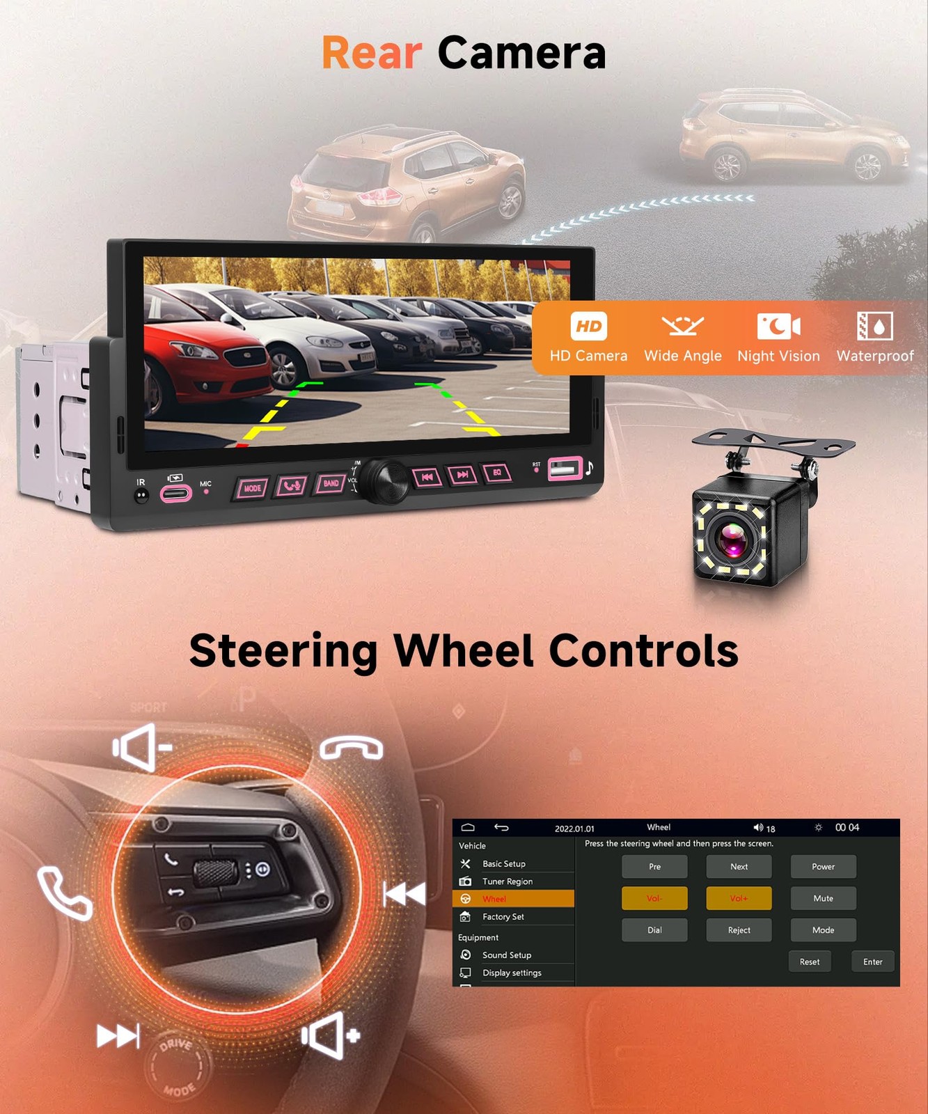 Car Stereo Single Din Wireless Carplay 6.86 inch Touch Screen
