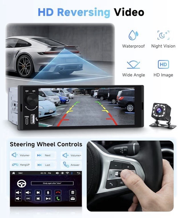 Universal Single DIN Car Stereo 6.3” Touch Screen Bluetooth FM USB Backup Camera