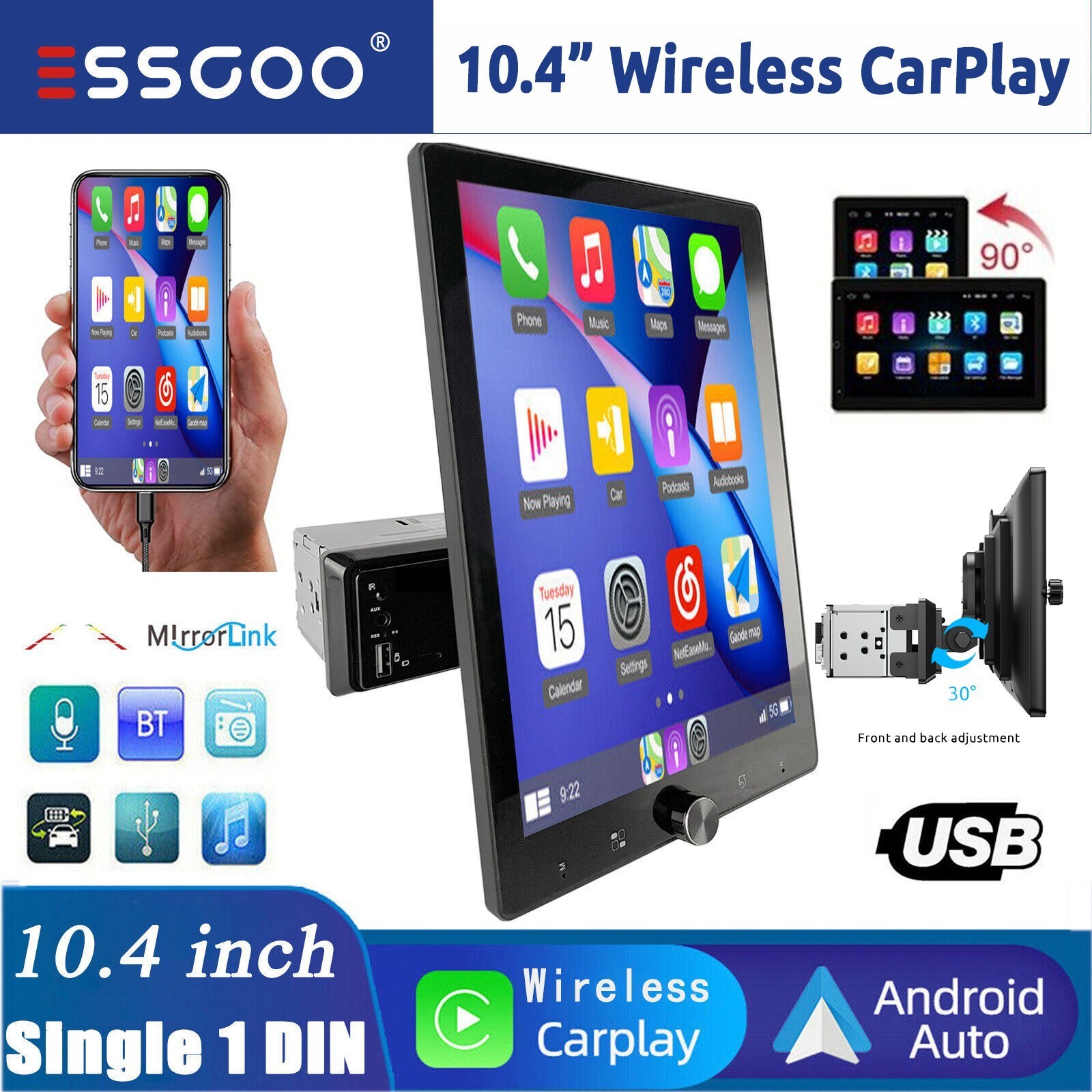 10.4″ Single 1DIN Car Stereo Radio Wireless Apple CarPlay/Android Auto Head Unit