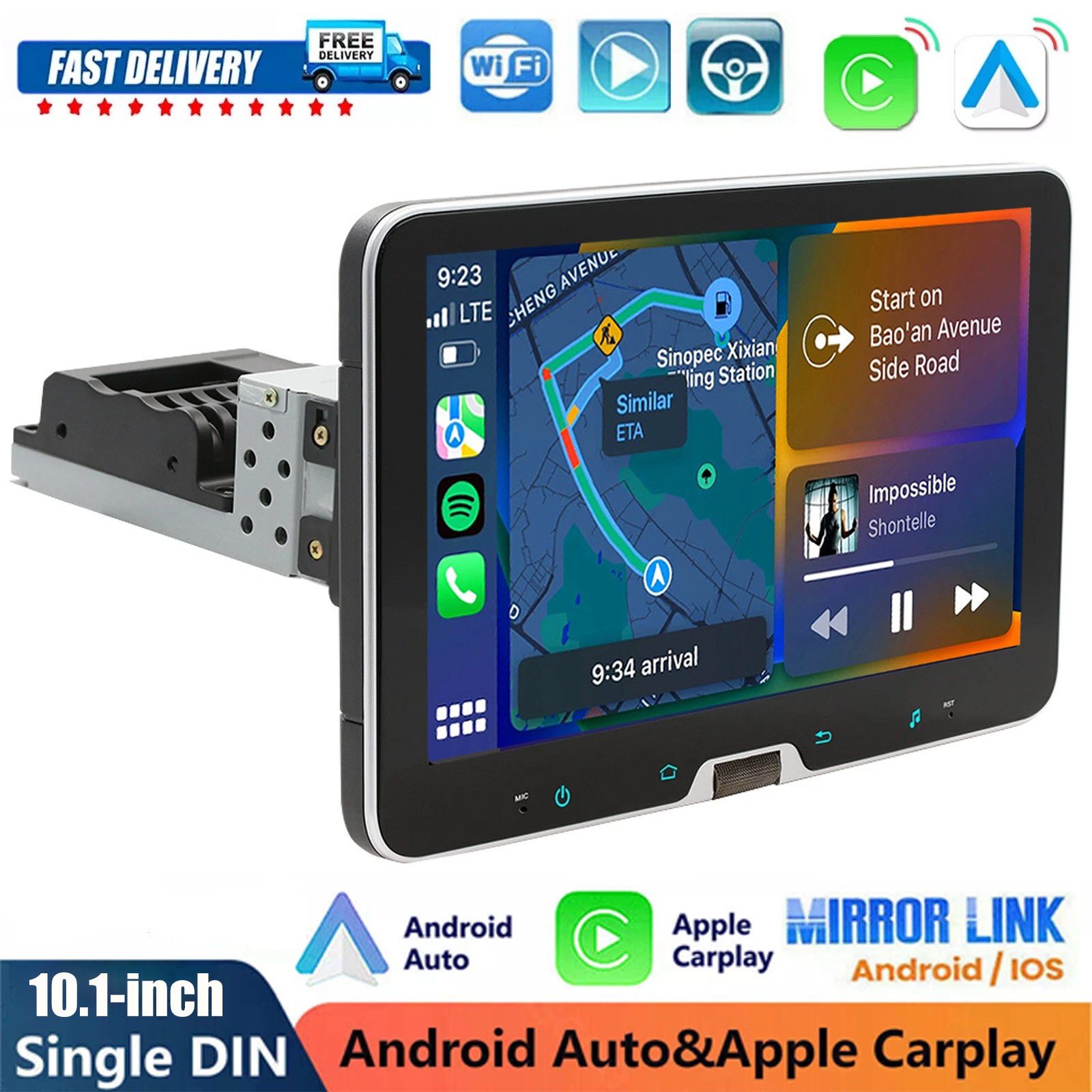 10″ 1 Din Car Stereo Radio with CarPlay/Android Auto Rotatable Touch Screen GPS