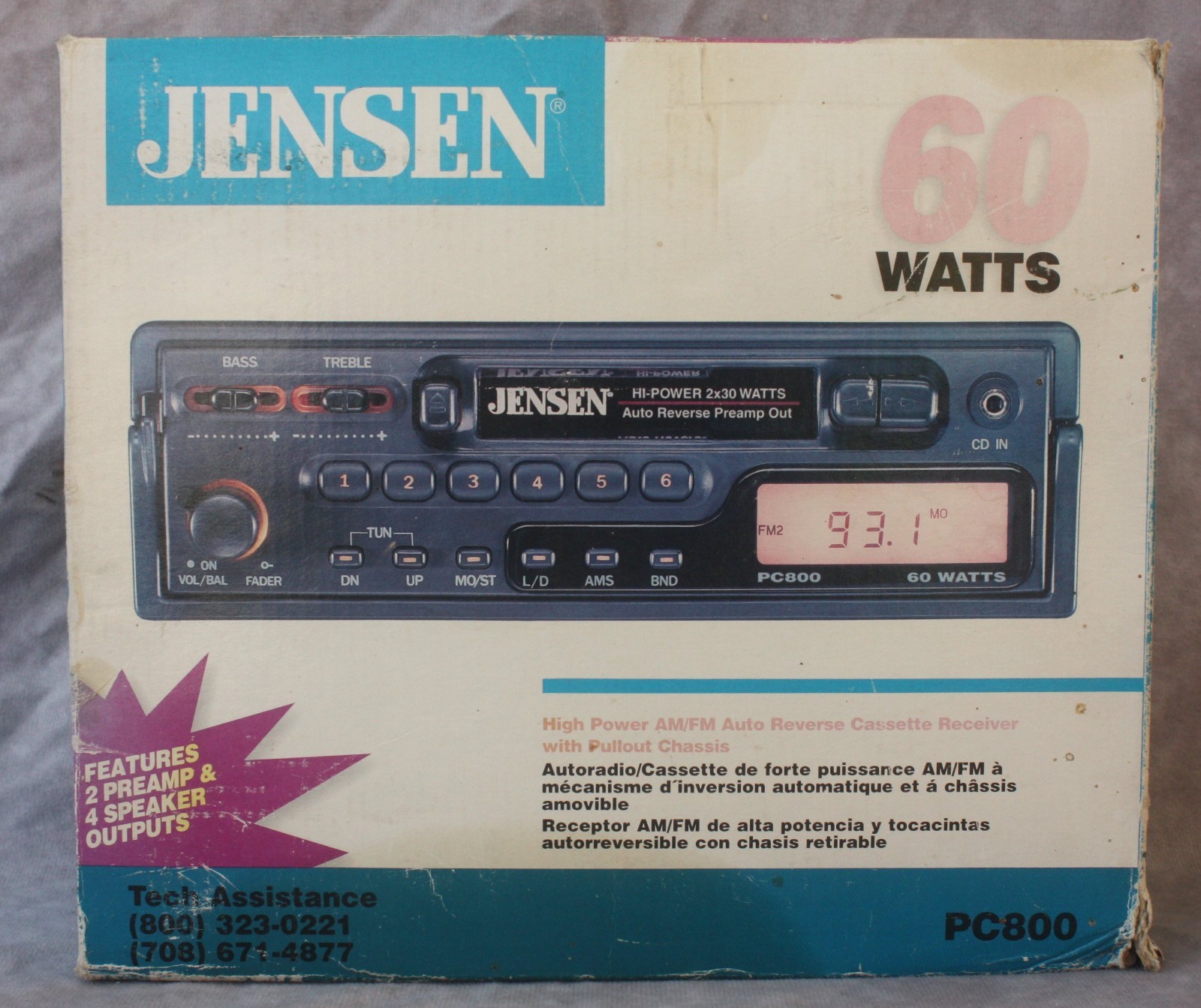 Jensen PC800 Auto Reverse Removable Chassis AM/FM Stereo Cassette Player
