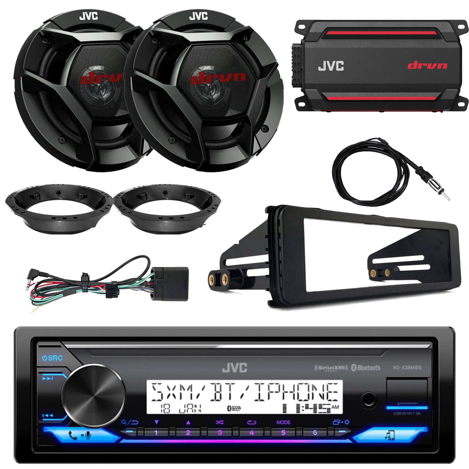 JVC Marine Radio, 2x 6.5″ Speakers w/Adapters, Amp, Antenna, Harley Install Kit