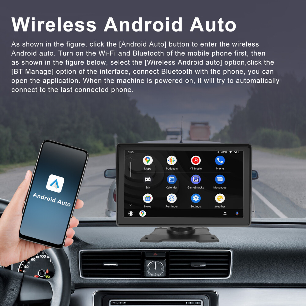 7” Portable Wireless Apple CarPlay Android Auto Stereo Touch Screen Car Radio