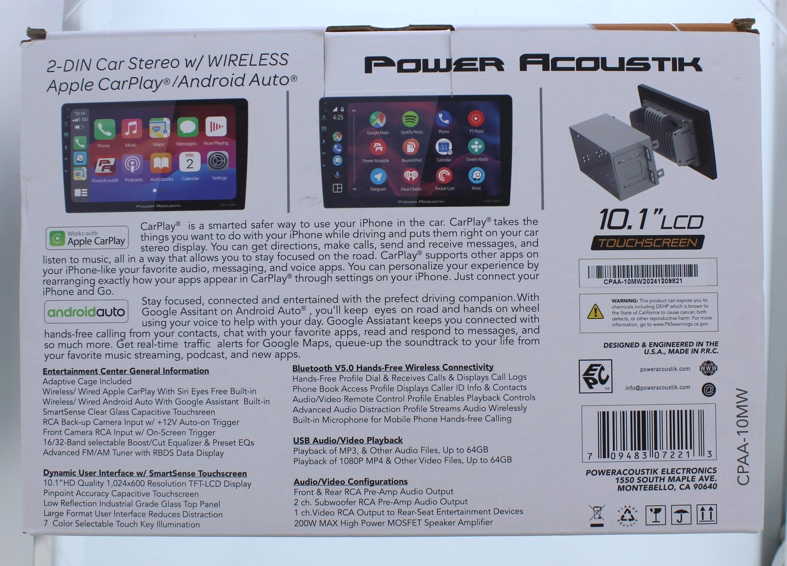 Power Acoustik 2-Din Car Stereo W/Wireless Carplay/ Android Auto (CPAA-10MW)