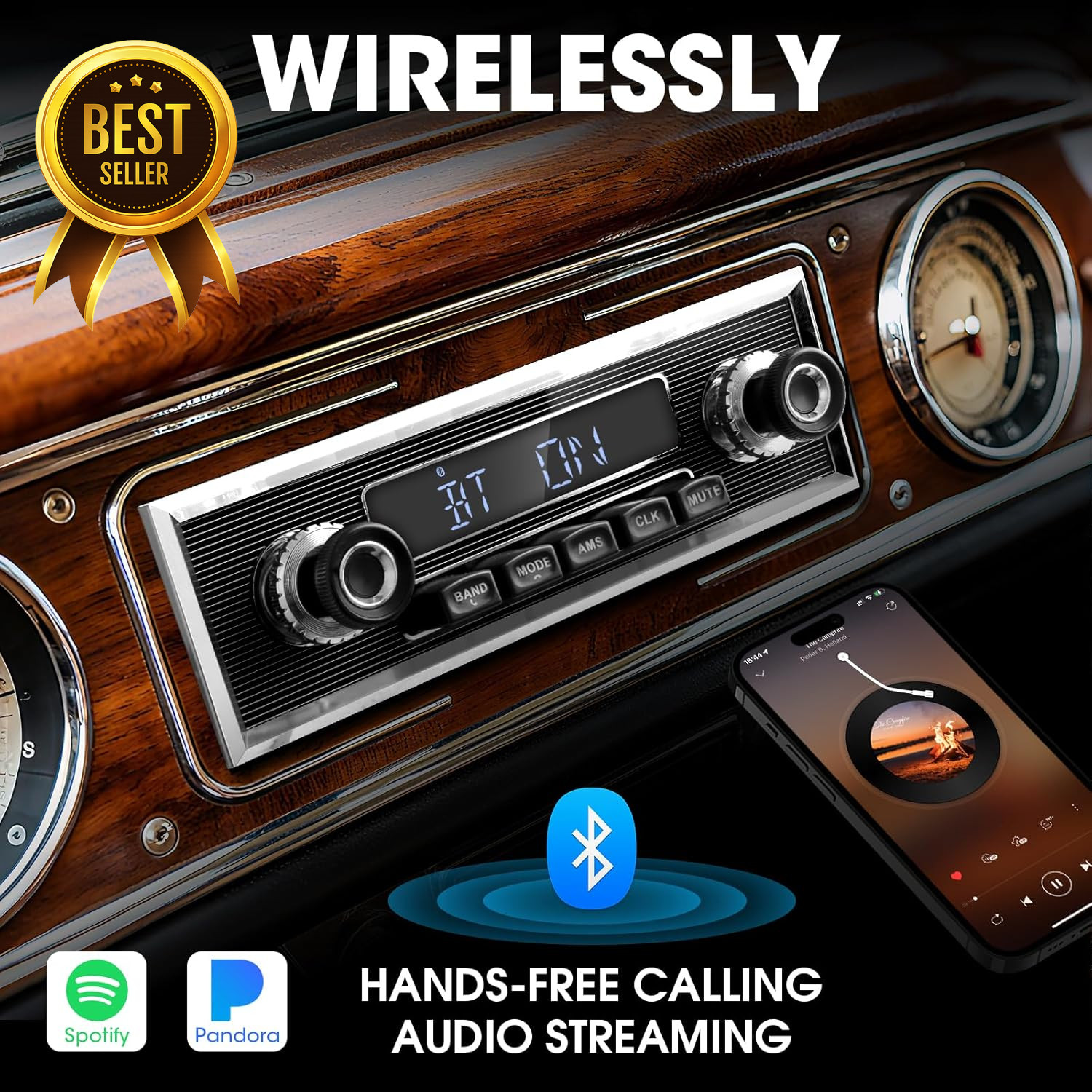 Retro Single Din Car Stereo Bluetooth AM FM USB AUX Vintage Radio Receiver