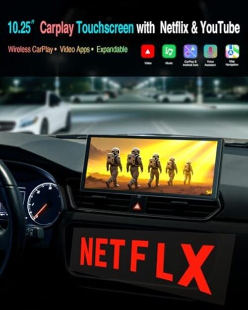 10.25″ CarPlay Screen with Dashcam & Apps, Built-in Google-Play & 6GB+128GB,