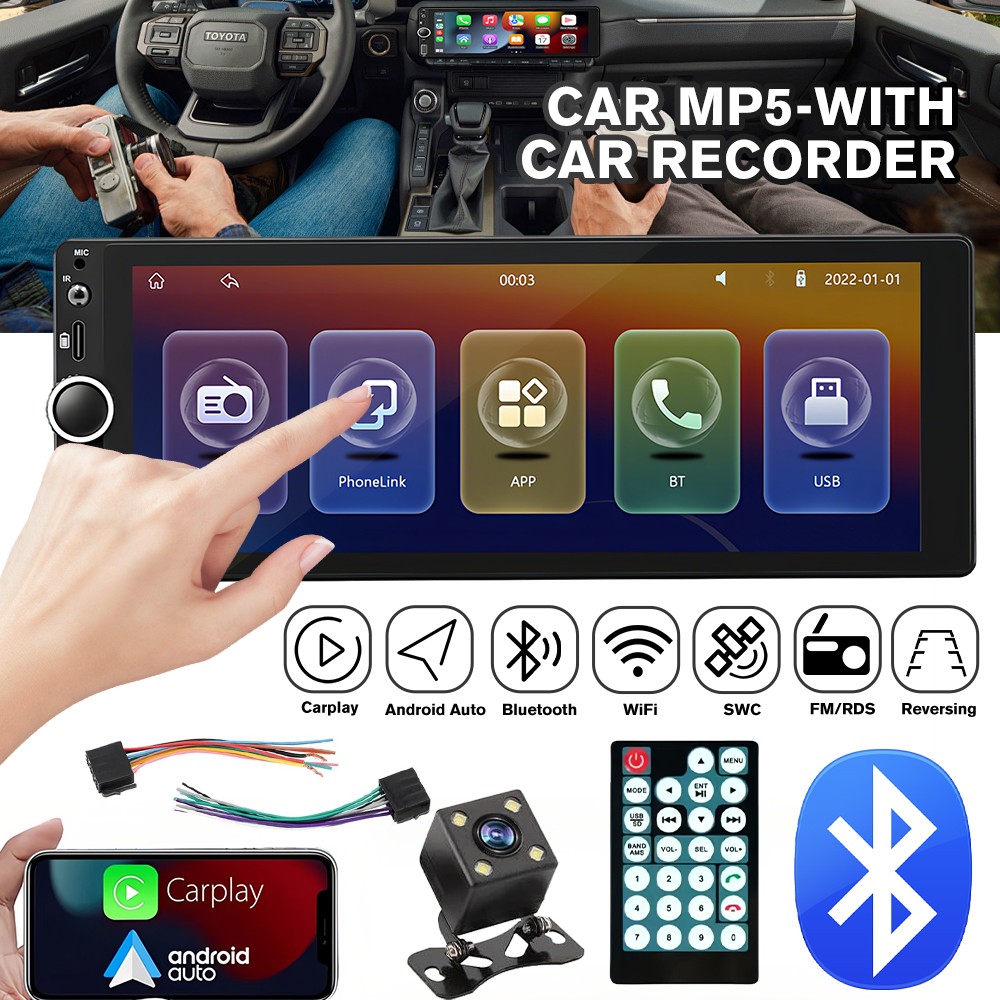 Single 1 Din Carplay Car Stereo Radio Bluetooth Touch Screen With Camera 6.8in