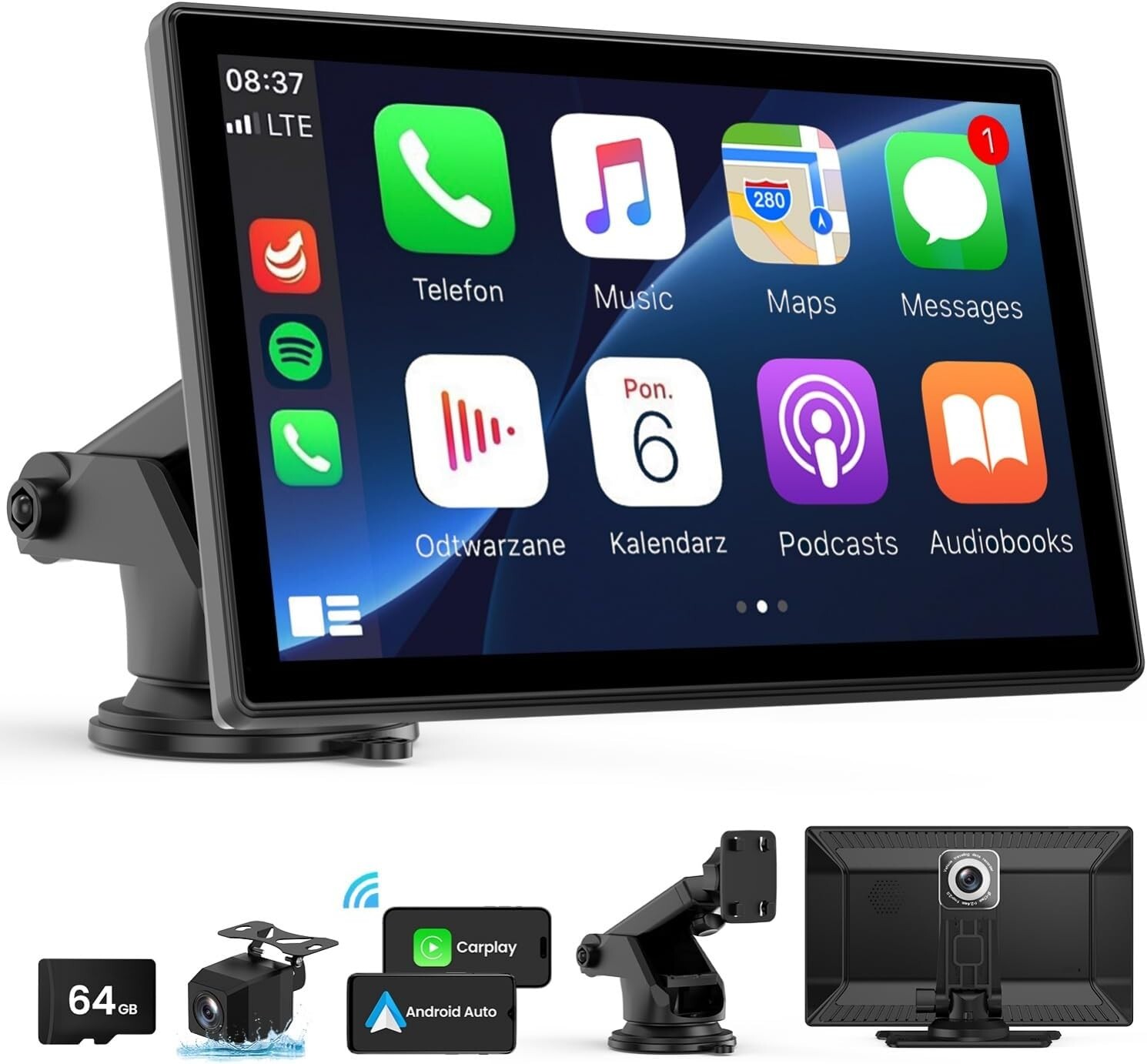 9” Wireless Car Stereo with 4K Dash Cam, 1080P Backup Camera, Android Auto