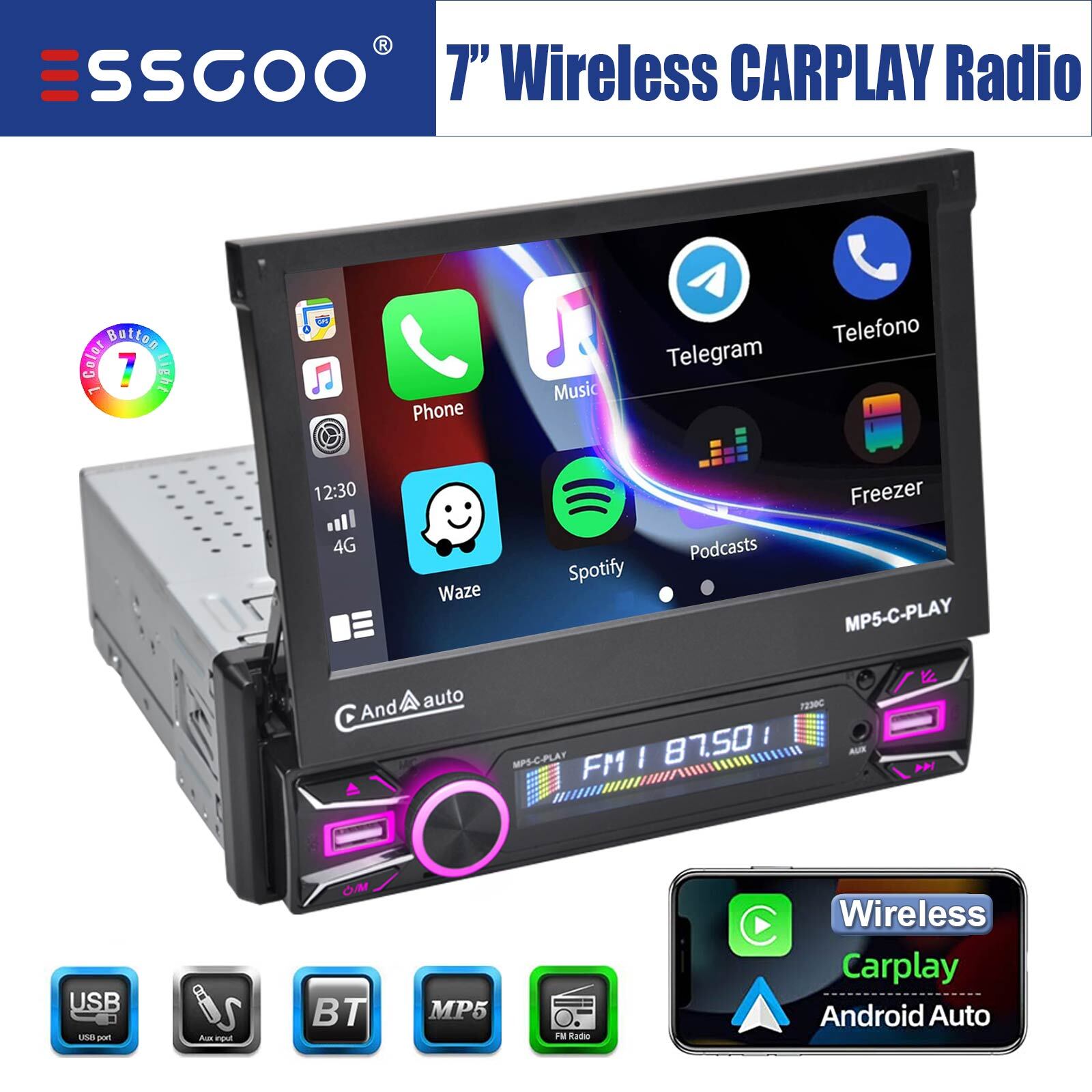Single 1 DIN 7″ Wireless Carplay Android Auto Car Stereo Radio Touch Screen USB