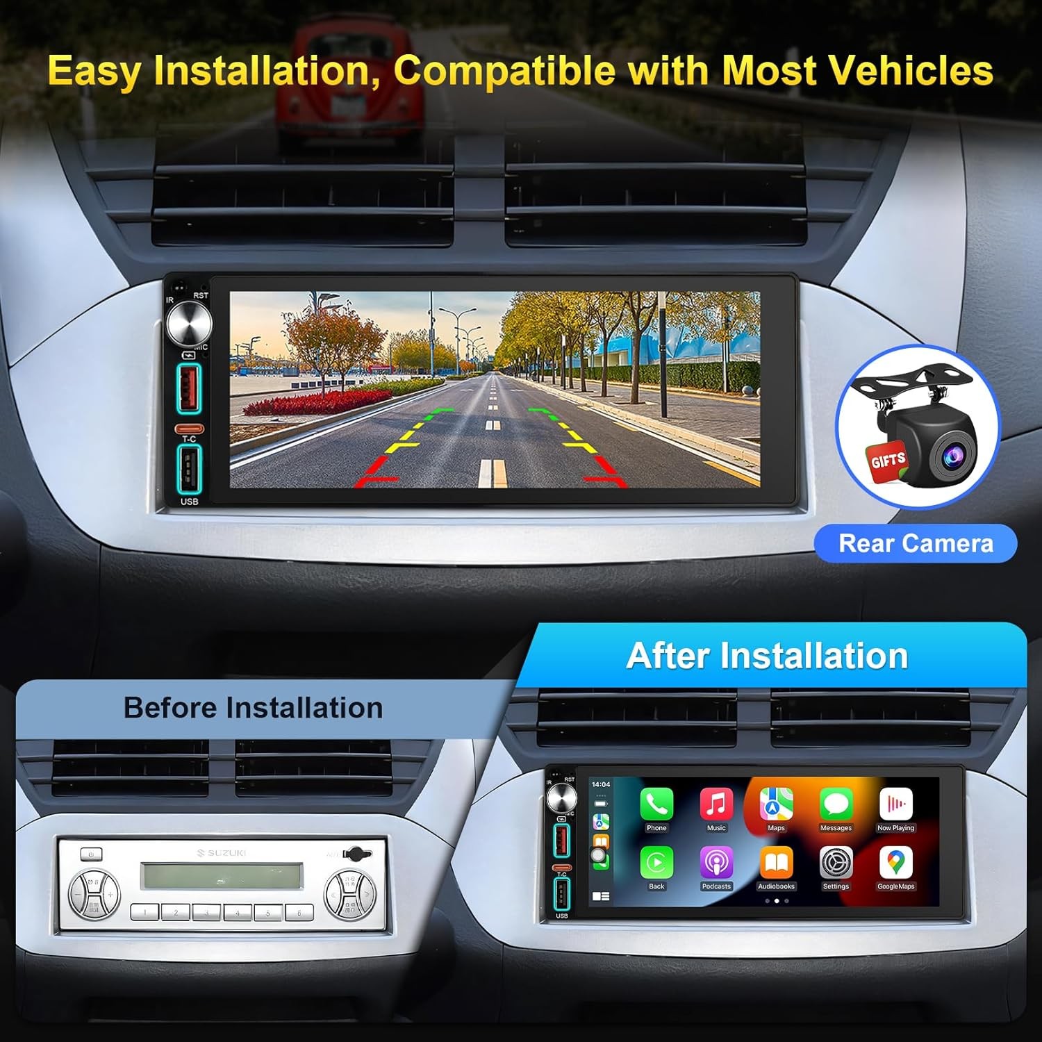 6.9 Inch Single Din Touchscreen Radio with Wireless Apple CarPlay & Android Auto