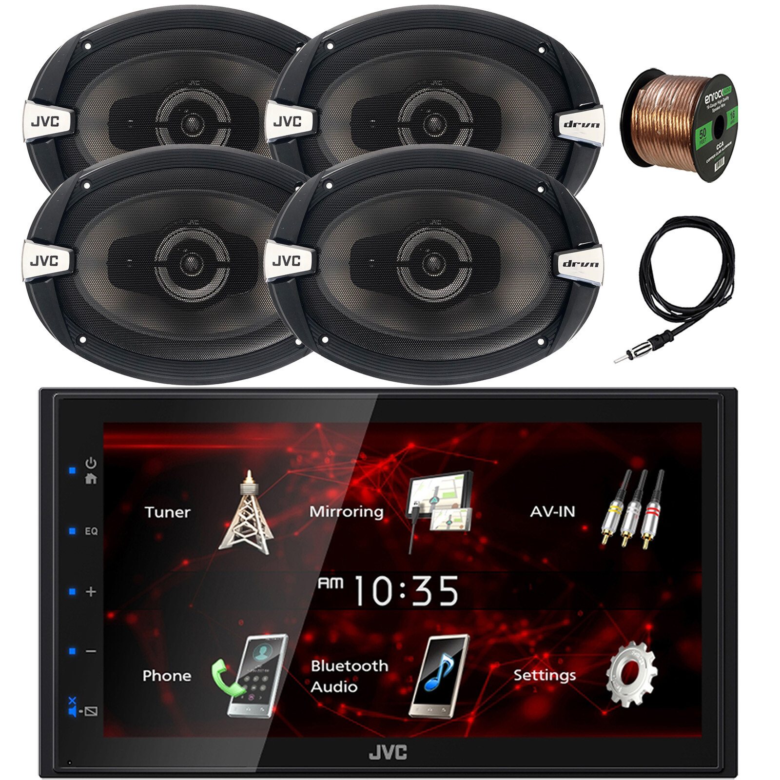 JVC 2DIN 6.8″ Touchscreen USB Receiver, 4x 6×9″ 500W Car Speakers, Antenna, Wire