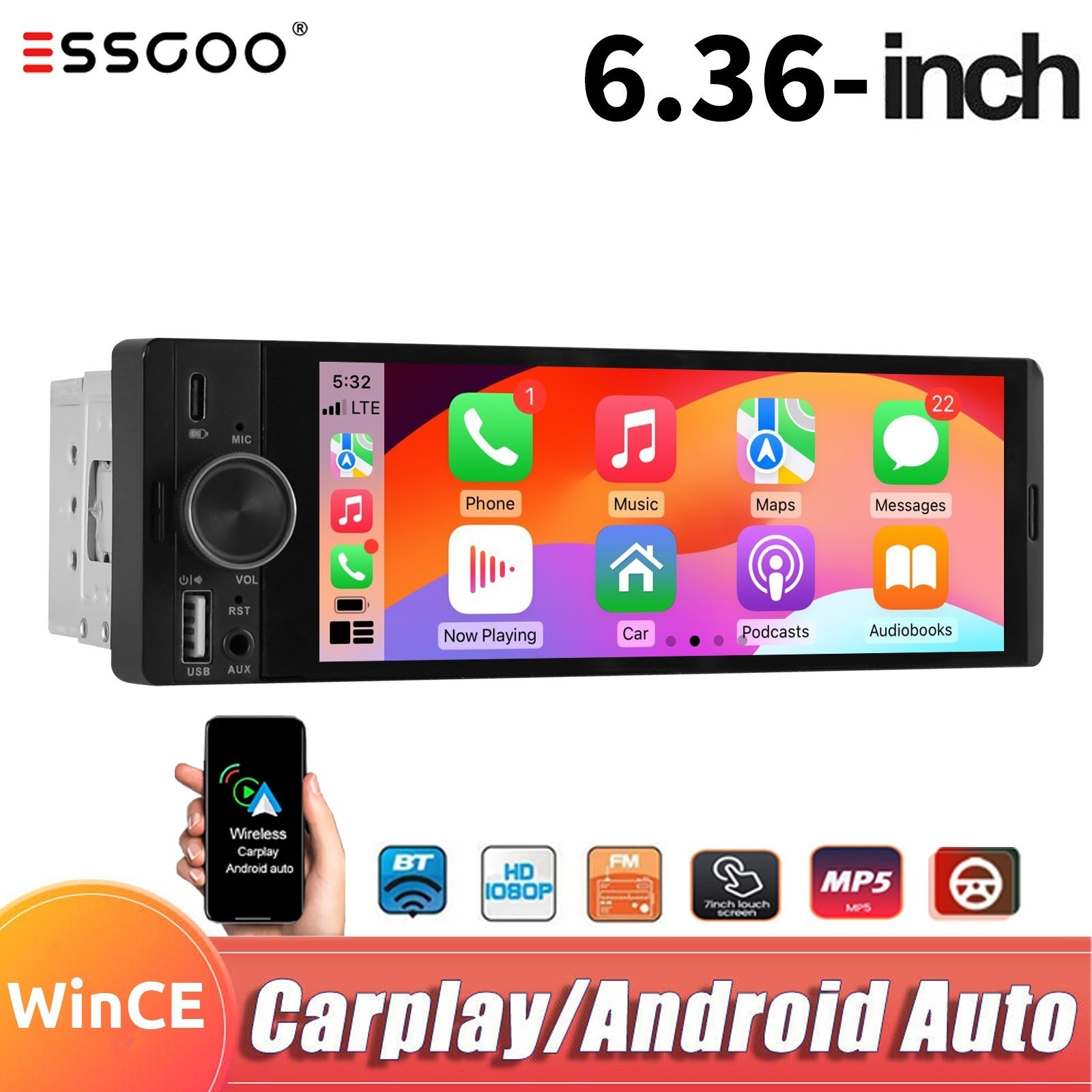 1DIN 6.36″ Apple CarPlay Android Auto Car Stereo Radio USB Head Unit Multimedia