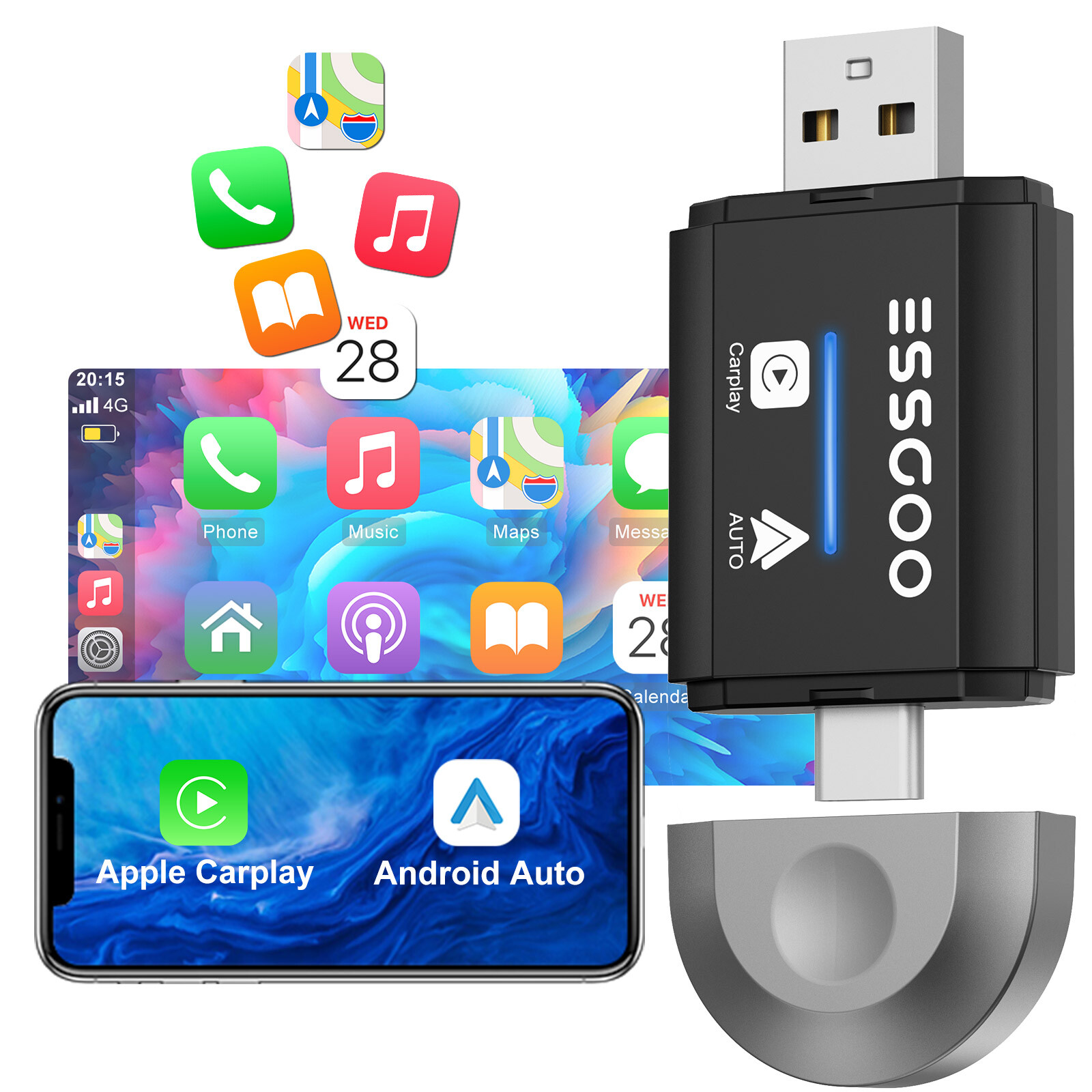 2in 1 Wired to Wireless CarPlay Android Auto Adapter for OEM Car Stereo With USB