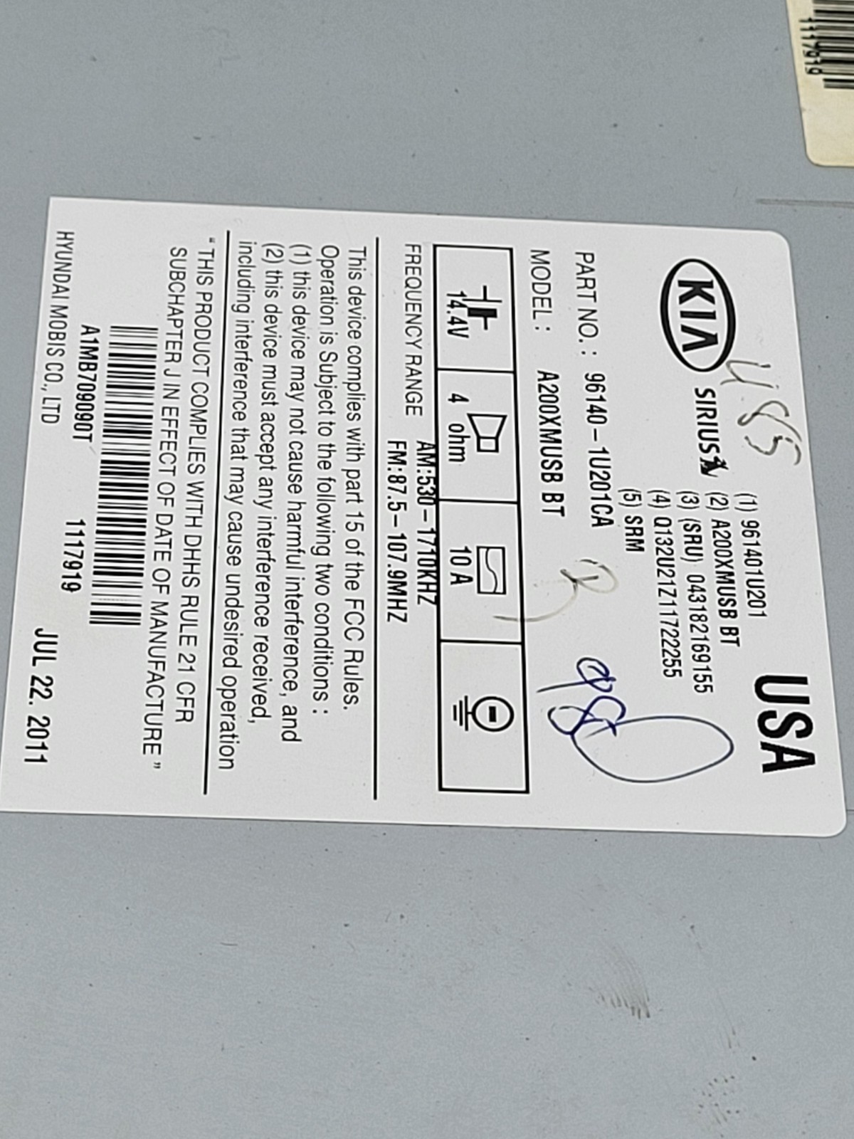 2011-2013 Kia Sorento Radio Receiver OEM 96140-1U201CA