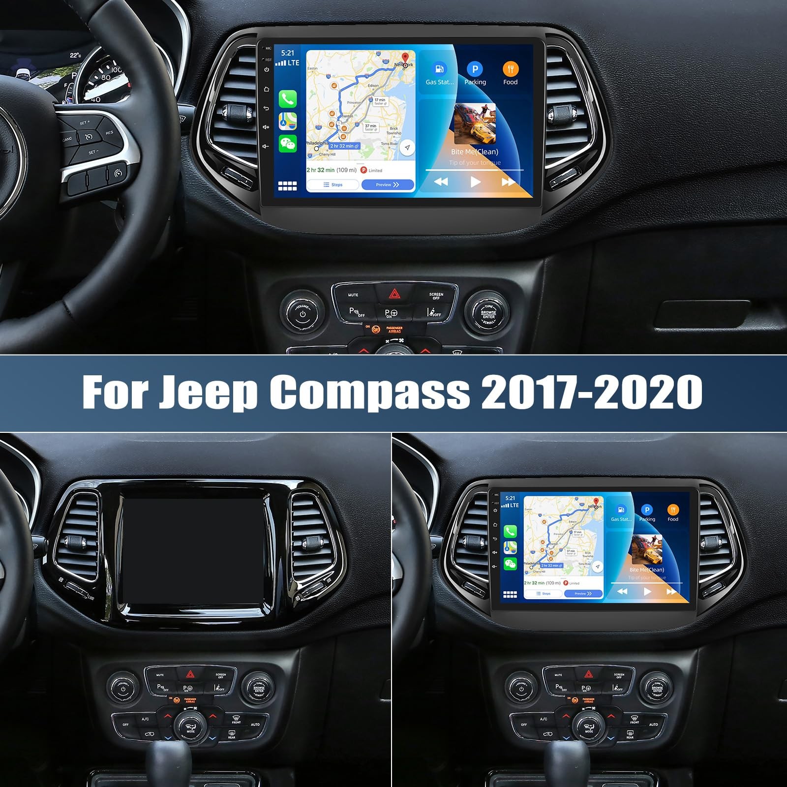 4 Core 2+64G Android 15 Car Stereo for Jeep Compass 2017-2020 with Wireless C…