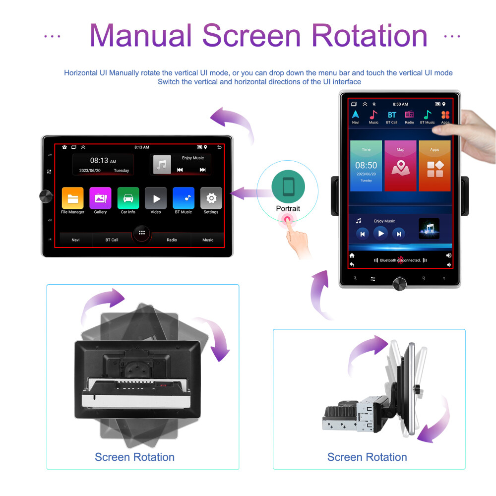 10.4″ Single 1DIN Wireless Apple CarPlay Car Stereo Rotatable Touch Screen Radio