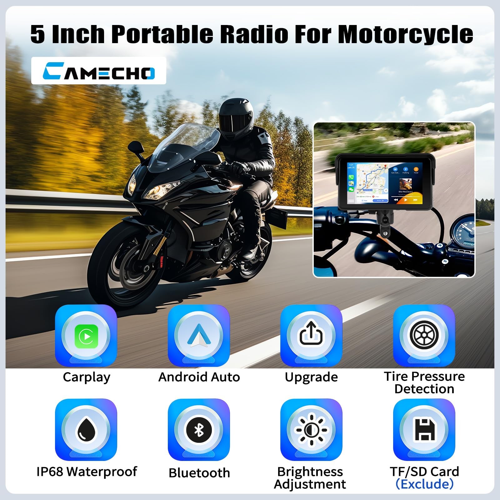 Motorcycle Wireless CarPlay & Android Auto Screen, 5″ IP68 Waterproof HD for …