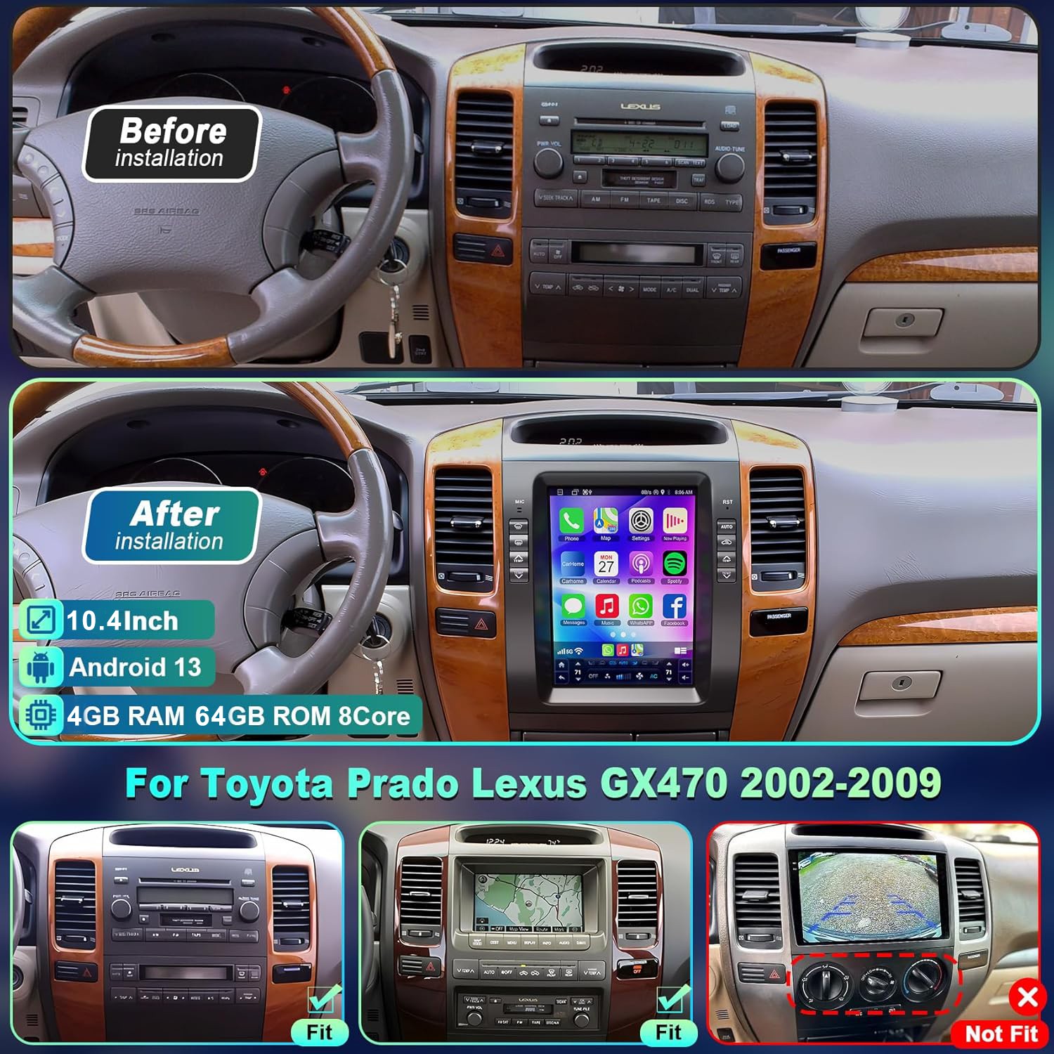 10.4″ For 2002-2009 Toyota Prado Lexus GX470 4+64GB CarPlay Car Stereo Radio GPS