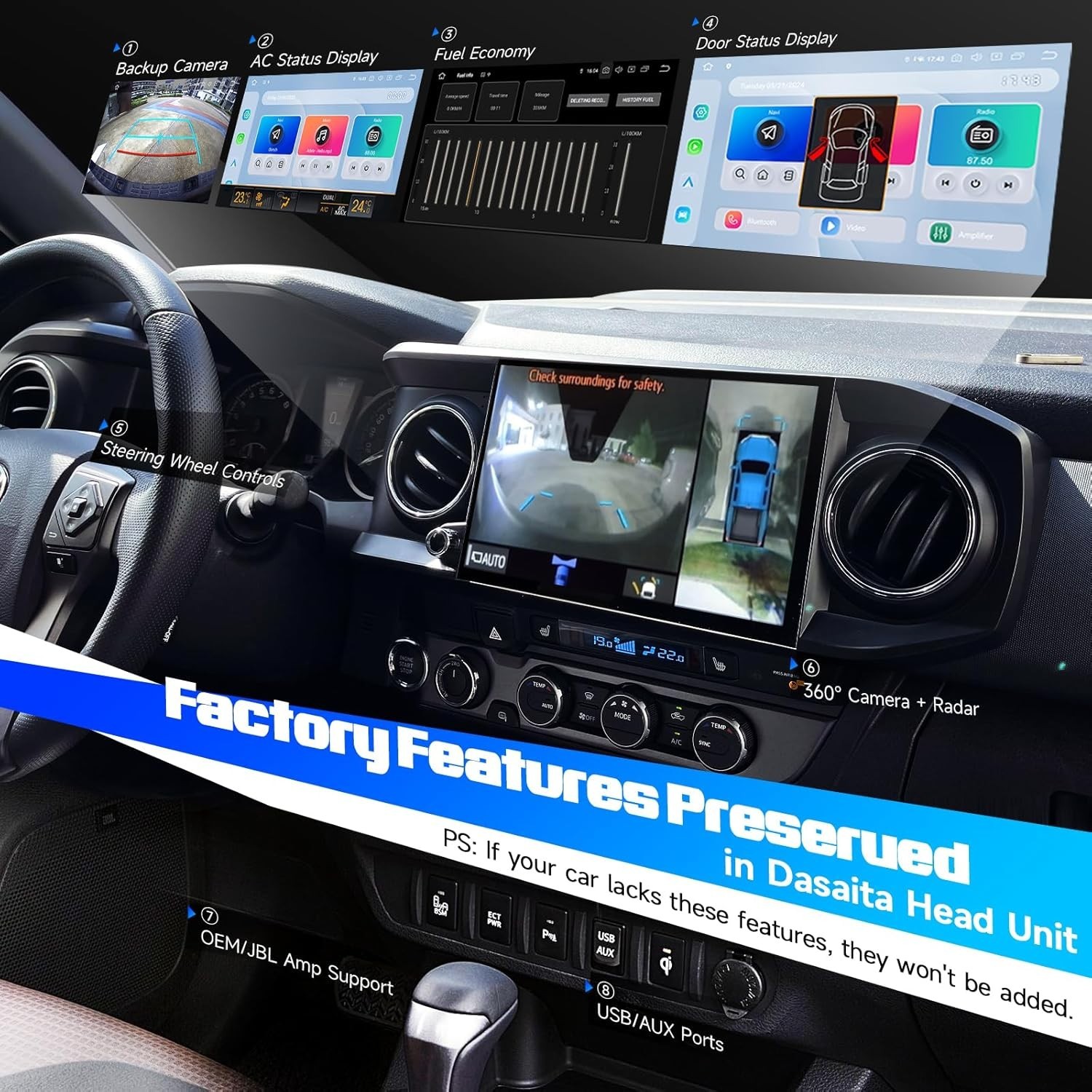 Dasaita 11.6” Android 13 Car Stereo 8+256GB for Toyota Tacoma 2016-2023 CarPlay