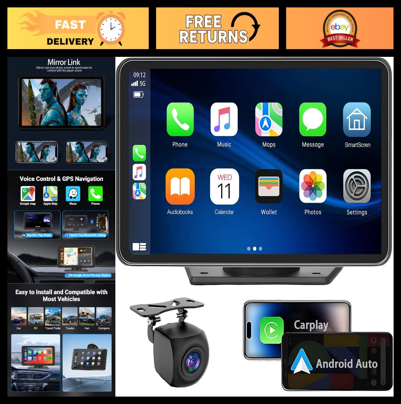 Wireless 7″ Touchscreen Car Stereo – Bluetooth, Voice Control, GPS, HD Camera, A