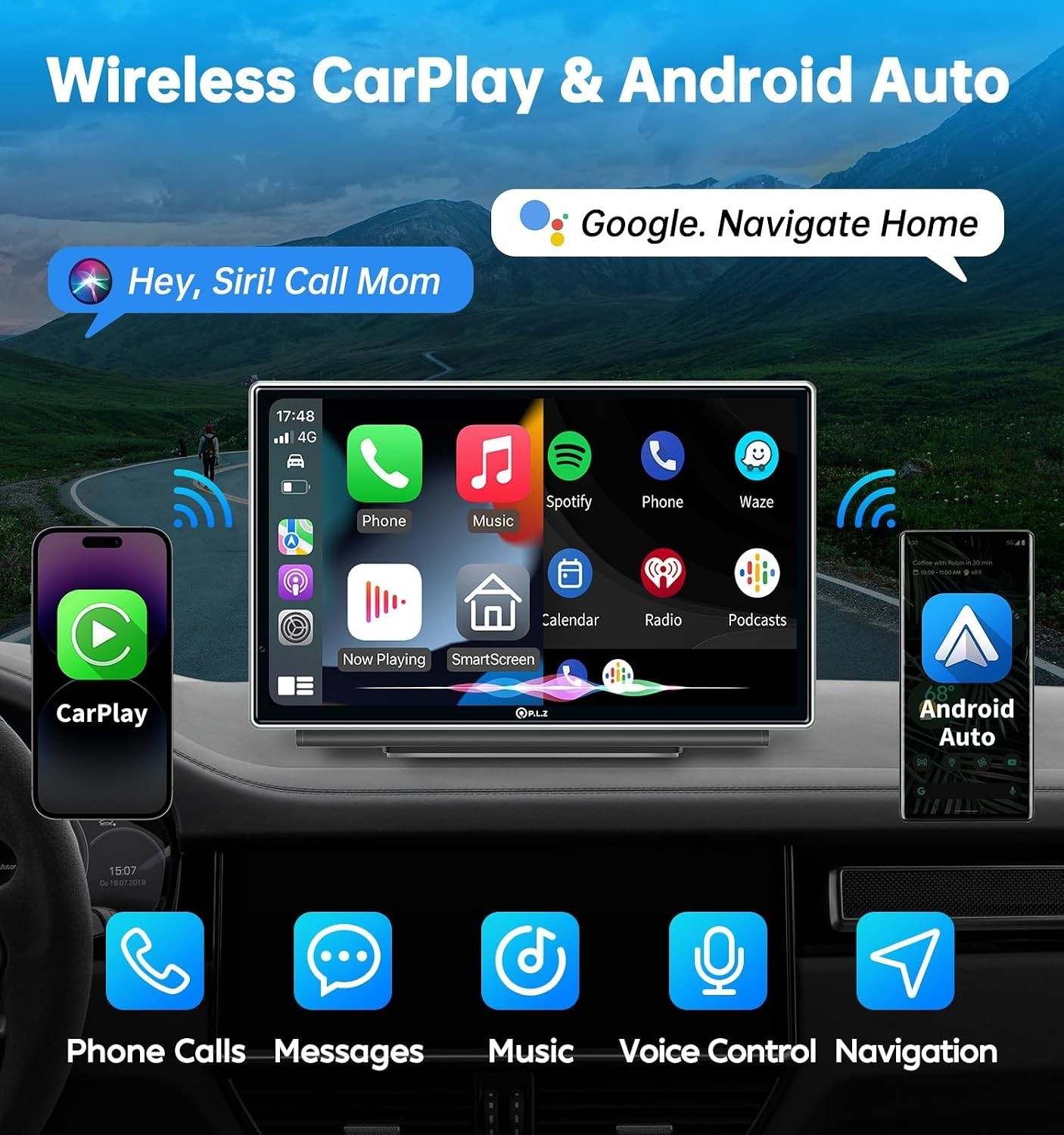7″ Portable Wireless Apple Carplay Stereo Screen for Car, 2.5K Dash Camera