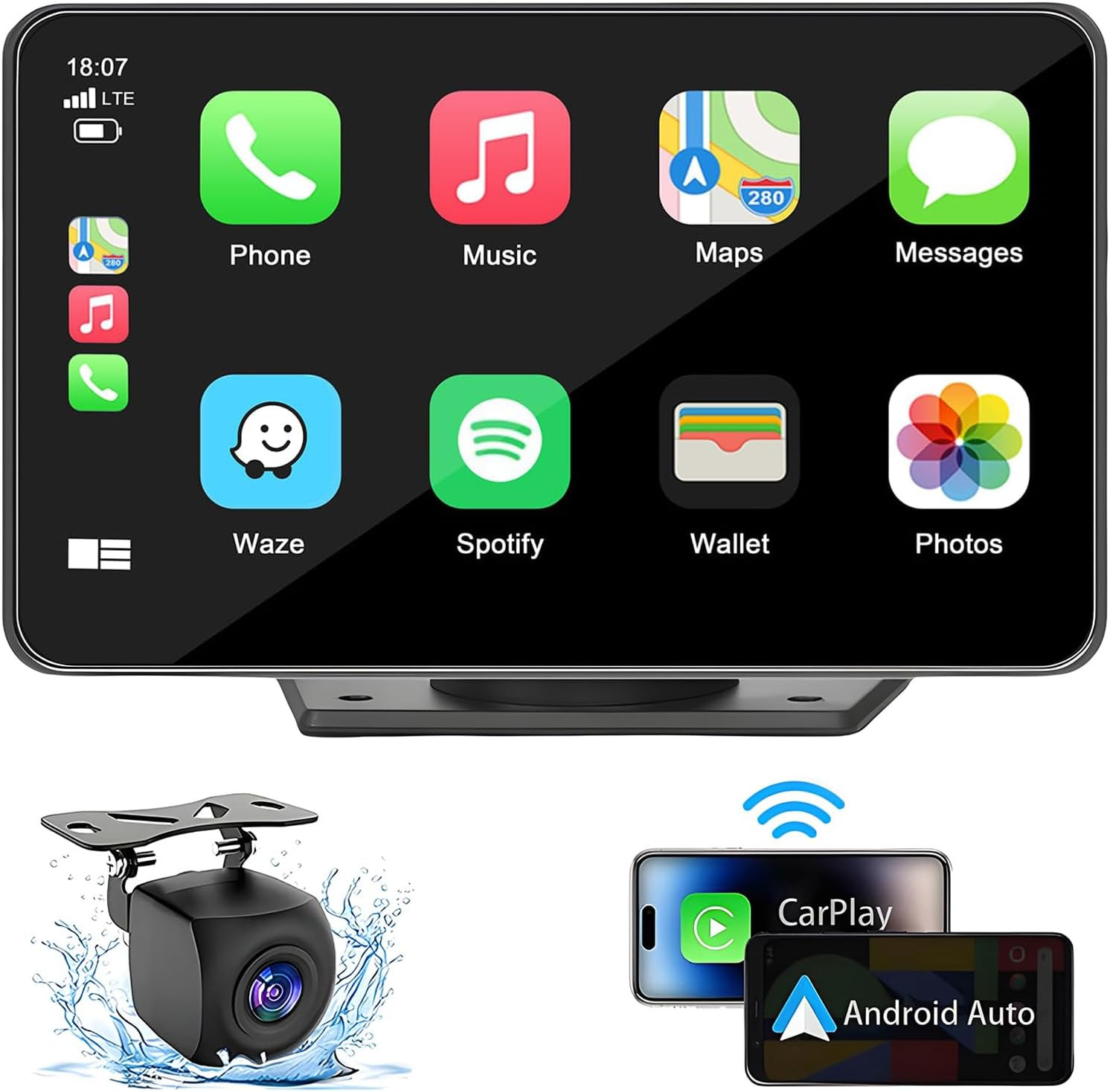 Capapro 7″ HD Portable Carplay Wireless Touch Screen Double Din Car Stereo Compa