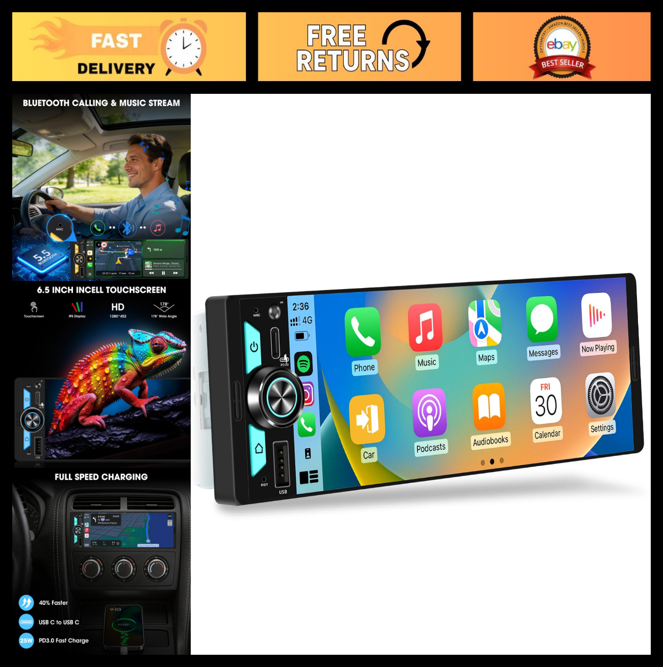 6.5″ CarPlay Android Auto Stereo – Bluetooth Touchscreen, USB-C, 4.2 CHN, 2 Sub