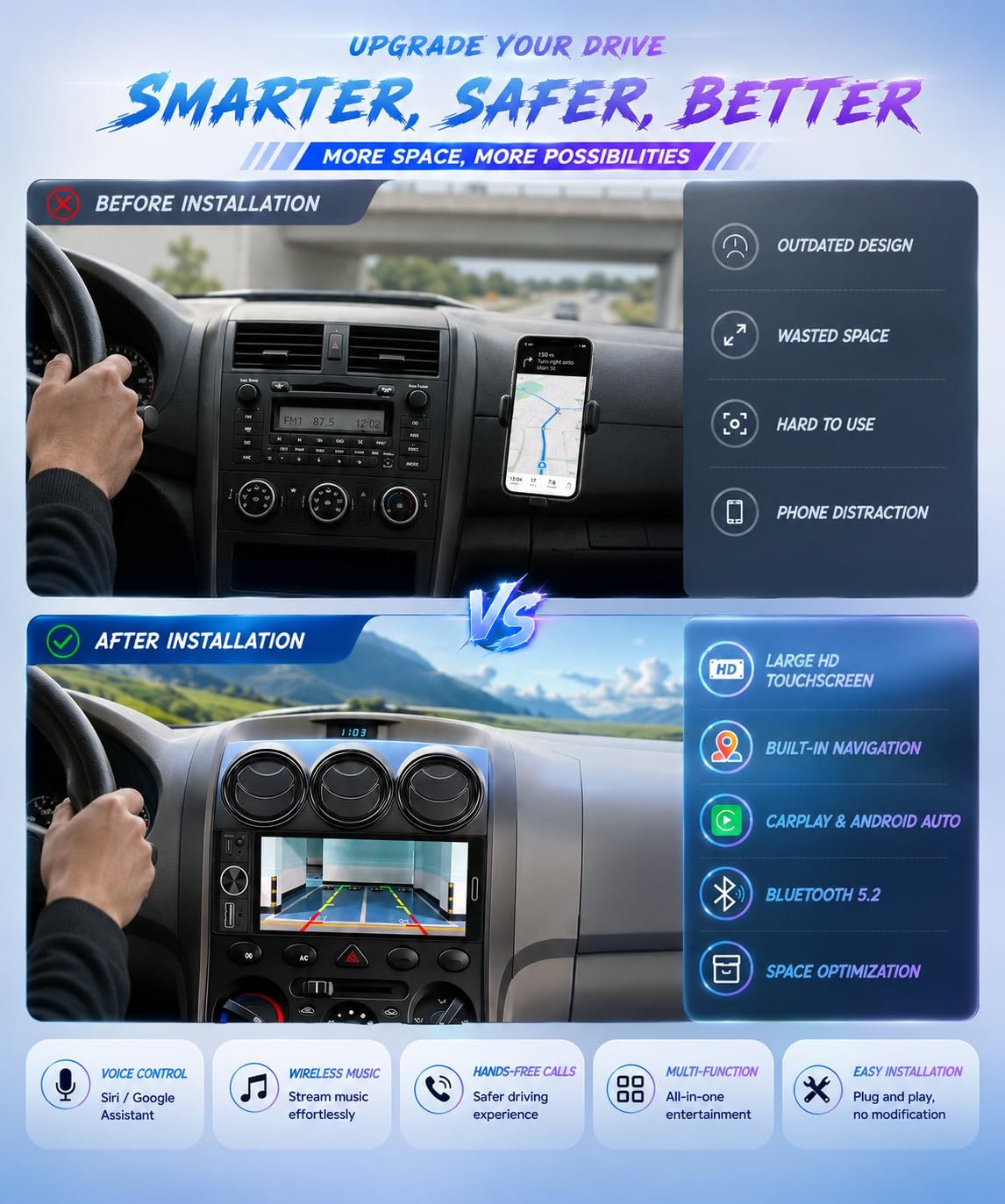 6.5″ Wireless Single Din Car Stereo with Apple CarPlay, 720×1280 HD in-Cell T…