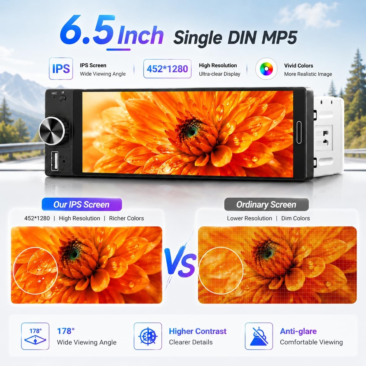 6.5″ Wireless Single Din Car Stereo with Apple CarPlay, 720×1280 HD in-Cell T…