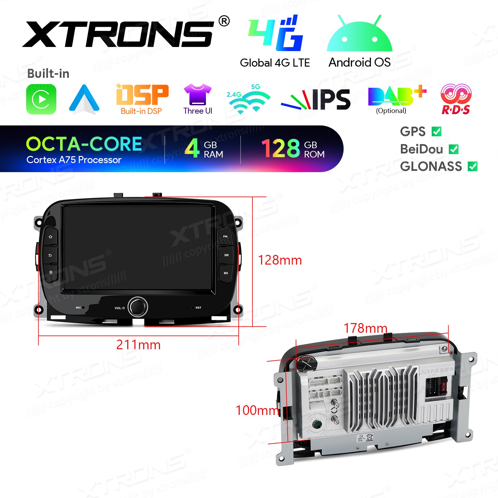 CarPlay For Fiat 500 Android 13 8-Core Car Stereo Radio RDS GPS 4G LTE WiFi 64GB