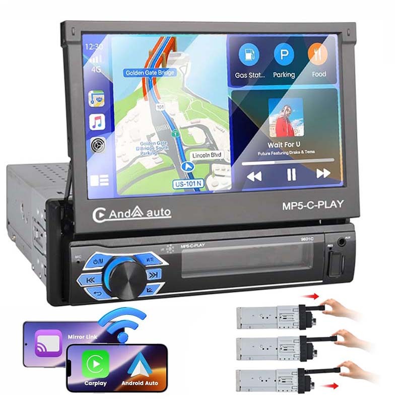 7″ 1 DIN GPS Touch Screen Car Radio Stereo Carplay Flip Out Bluetooth MP5 Player
