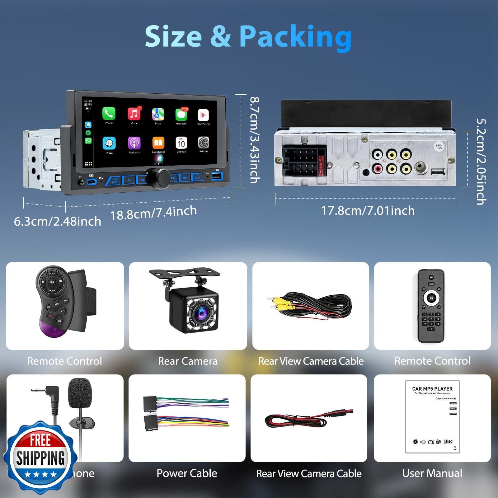 6.86″ Wireless Single Din Touchscreen Radio Apple Carplay Android Auto, Singl