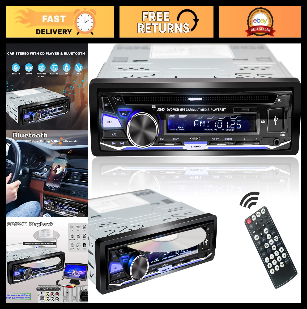 Single Din Car Stereo CD/DVD Player | Bluetooth, FM/AM Radio, USB/SD/AUX Audio R