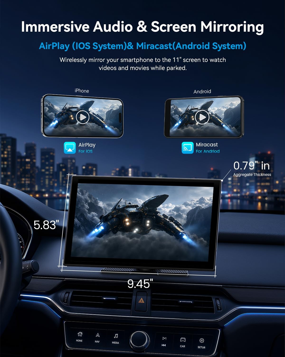 11” Wireless CarPlay & Android Auto Screen for Car, Full Laminated HD