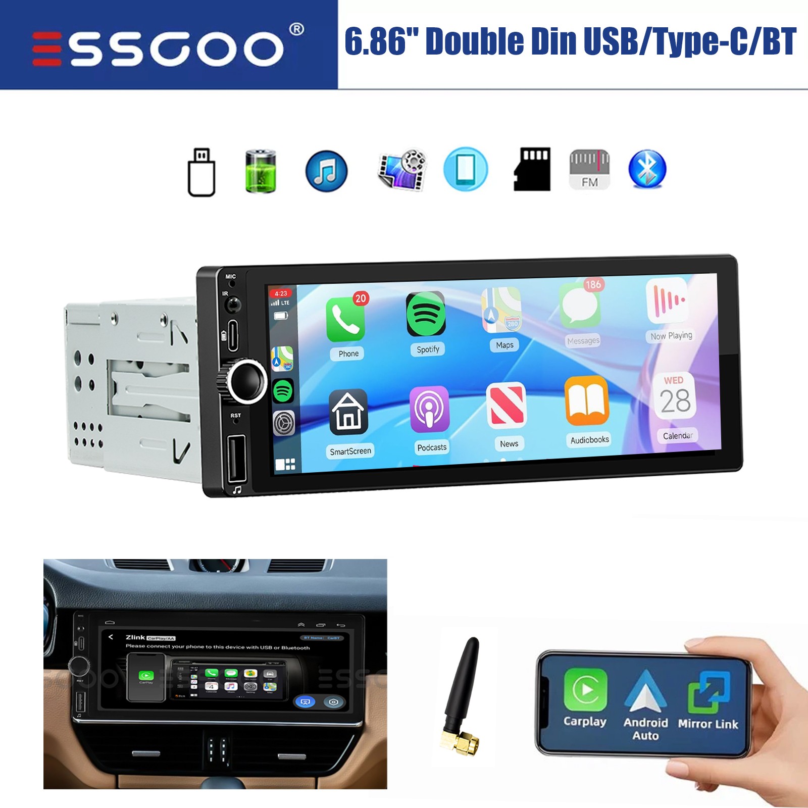 6.8″ 1Din Car Stereo Apple CarPlay & Android Auto Bluetooth USB/Type-C FM Radio
