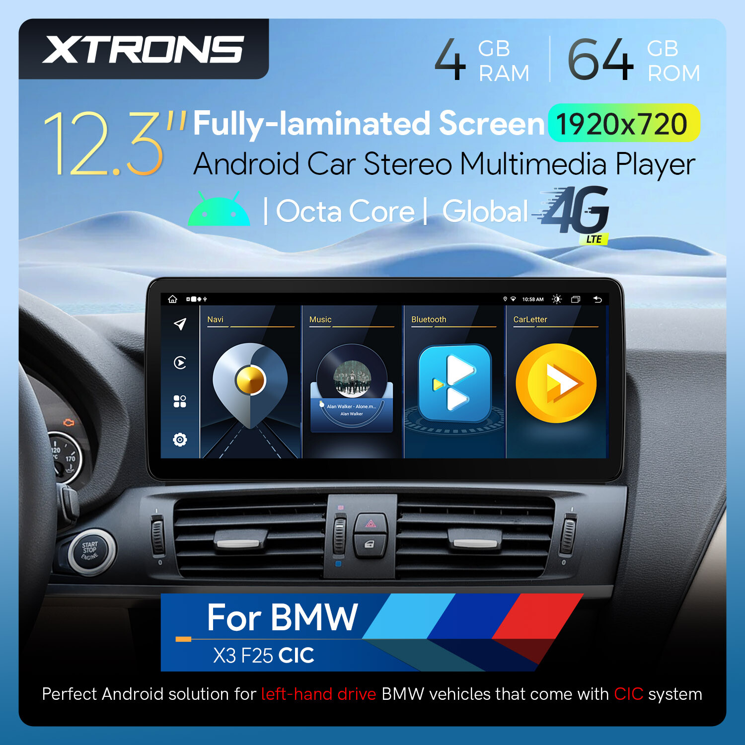 12.3 inch Android 14 8-Core Car Stereo GPS Navi 4G LTE 4+64GB For BMW X3 F25 CIC