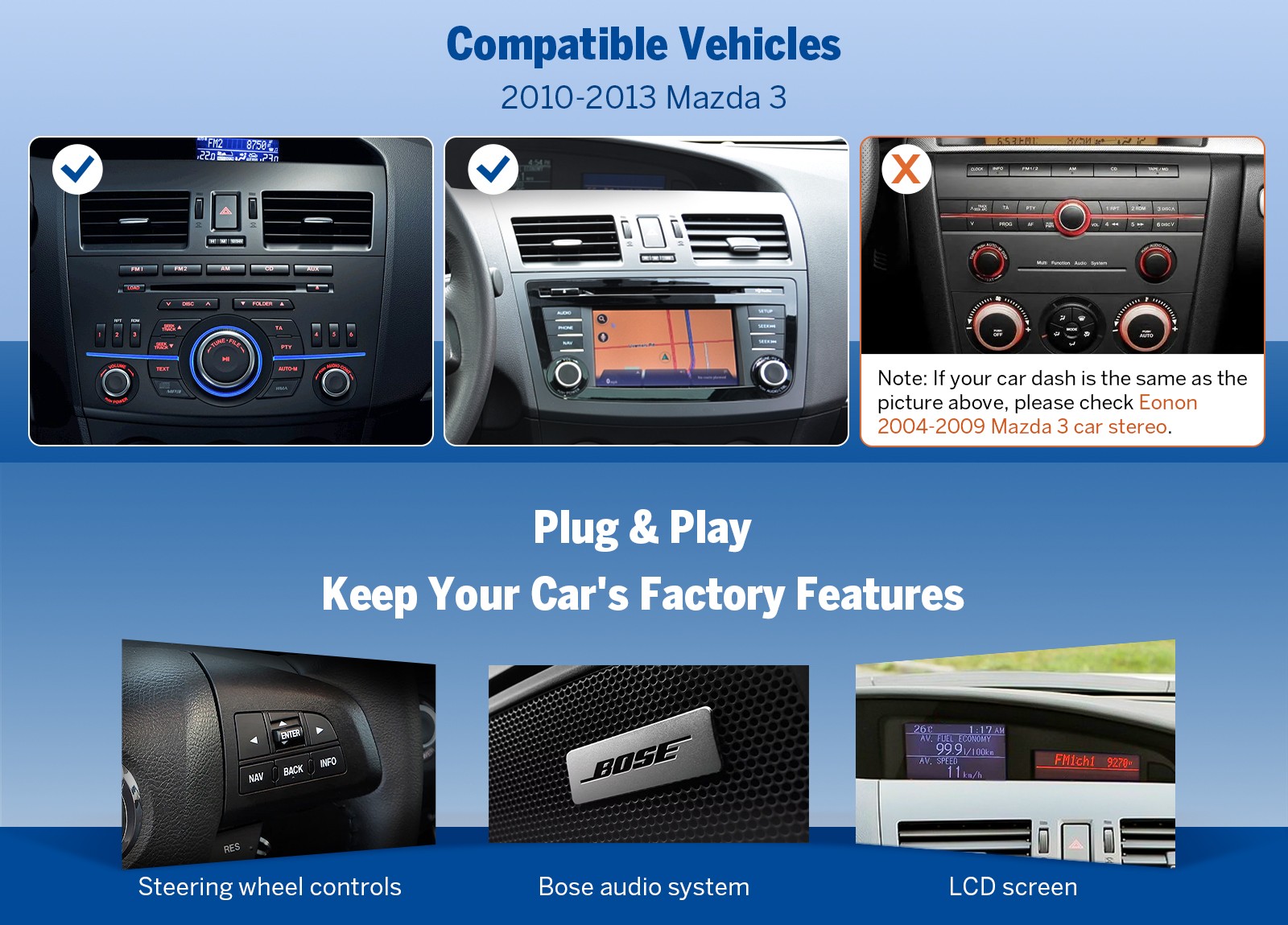 Eonon M3BLX7S QLED 6+64 9″ Android 14 Car Radio CarPlay for Mazda3 2010-2013 SWC