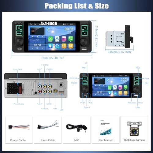 Single Din Car Radio with Wireless CarPlay & Android Auto,5.1 Inch HD IPS
