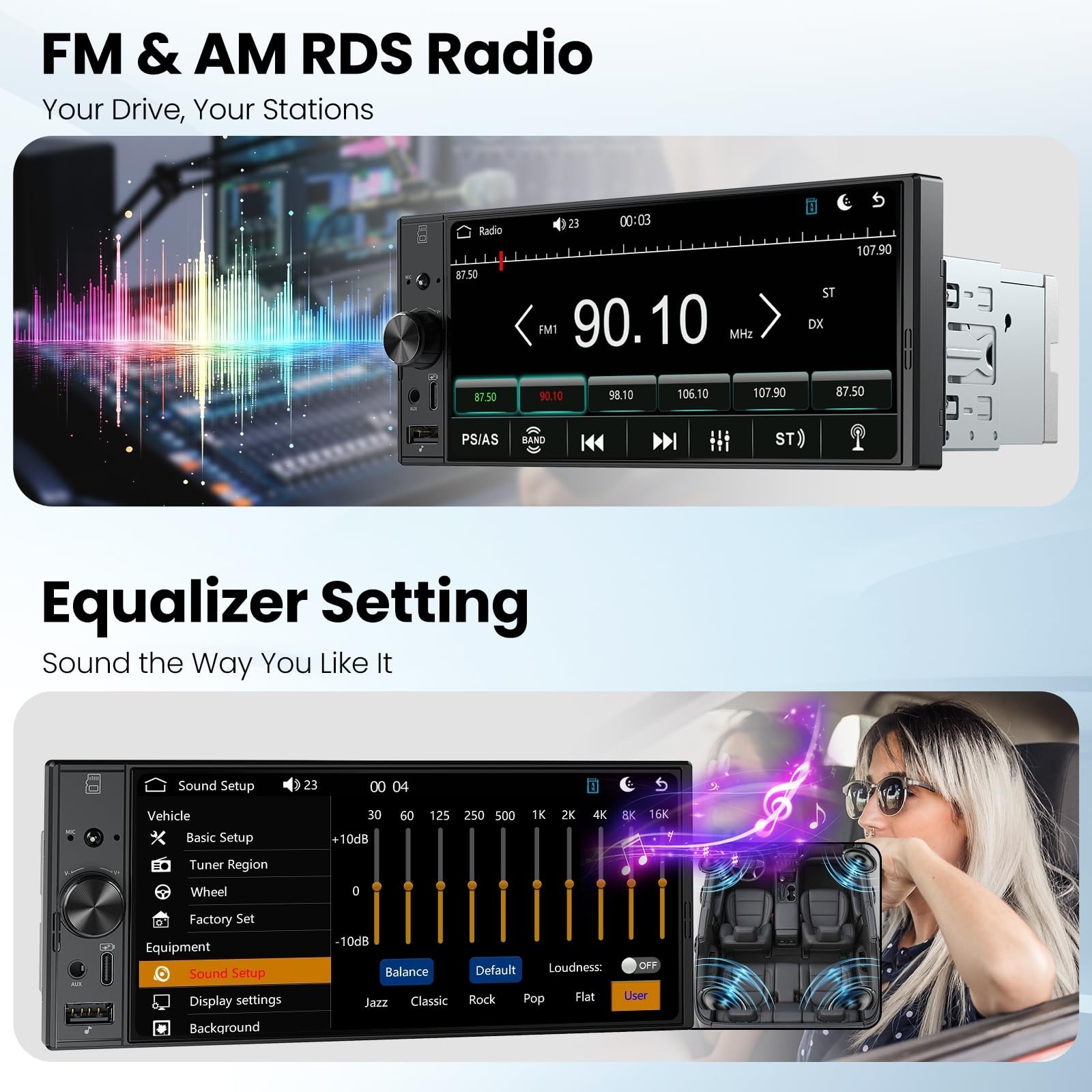 6.9″ Single Din Car Stereo with Apple CarPlay, Android Auto, Bluetooth 5.3, 1080